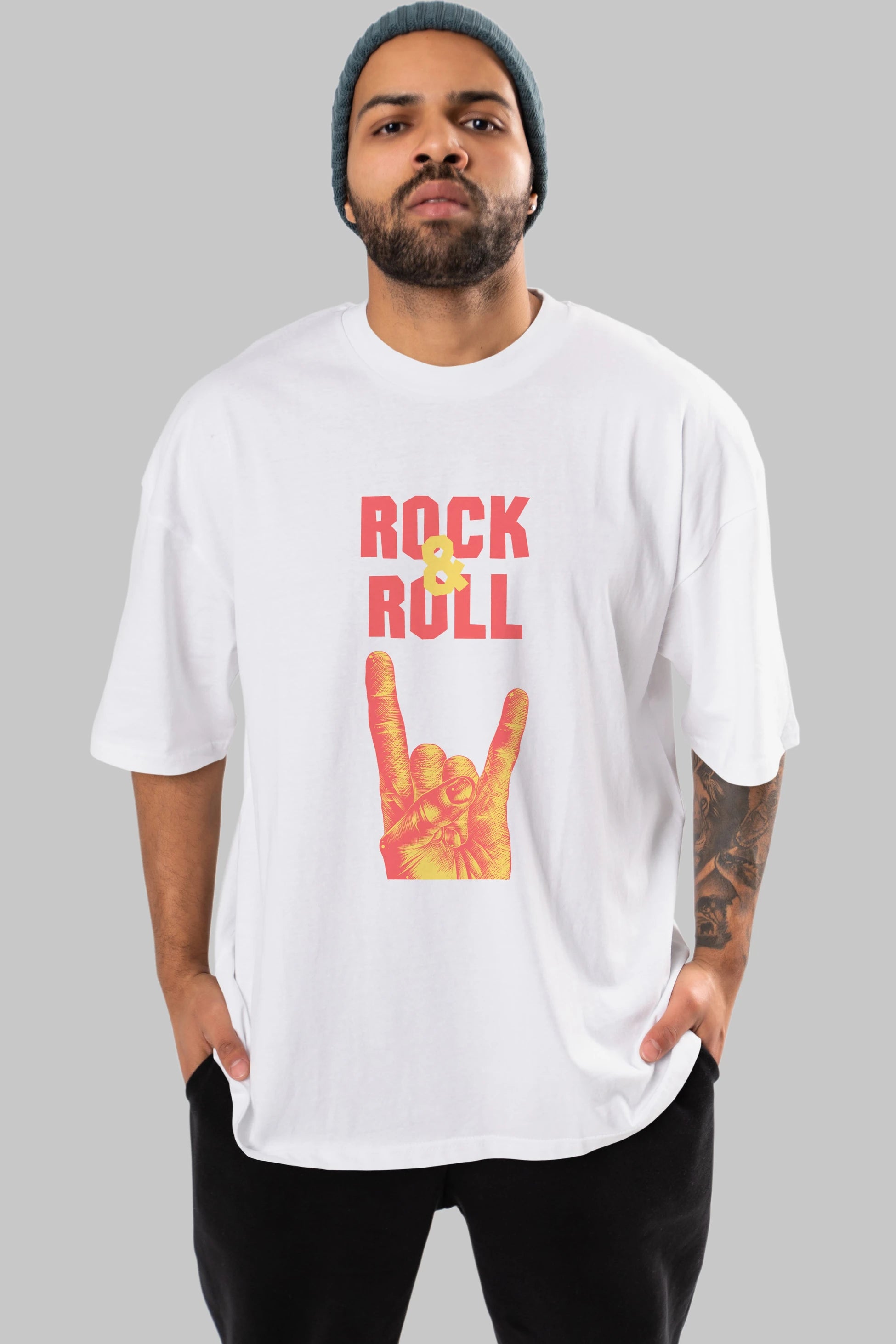 Rock & Roll Yazılı Ön Baskılı Oversize t-shirt Erkek Kadın Unisex