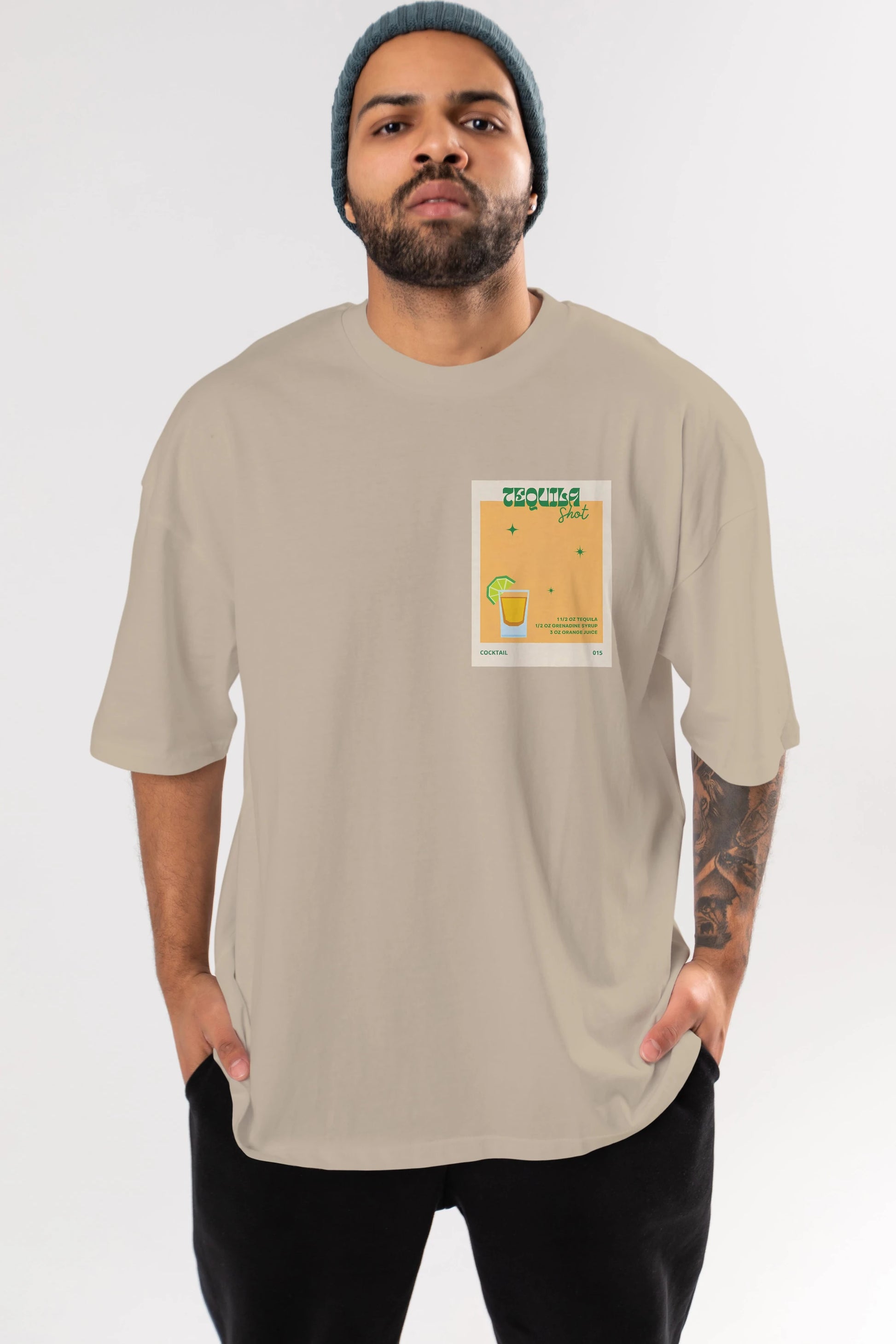 Tequila Shot 2 Ön Sol Baskılı Oversize t-shirt Erkek Kadın Unisex %100 Pamuk Bisiklet Yaka tişort