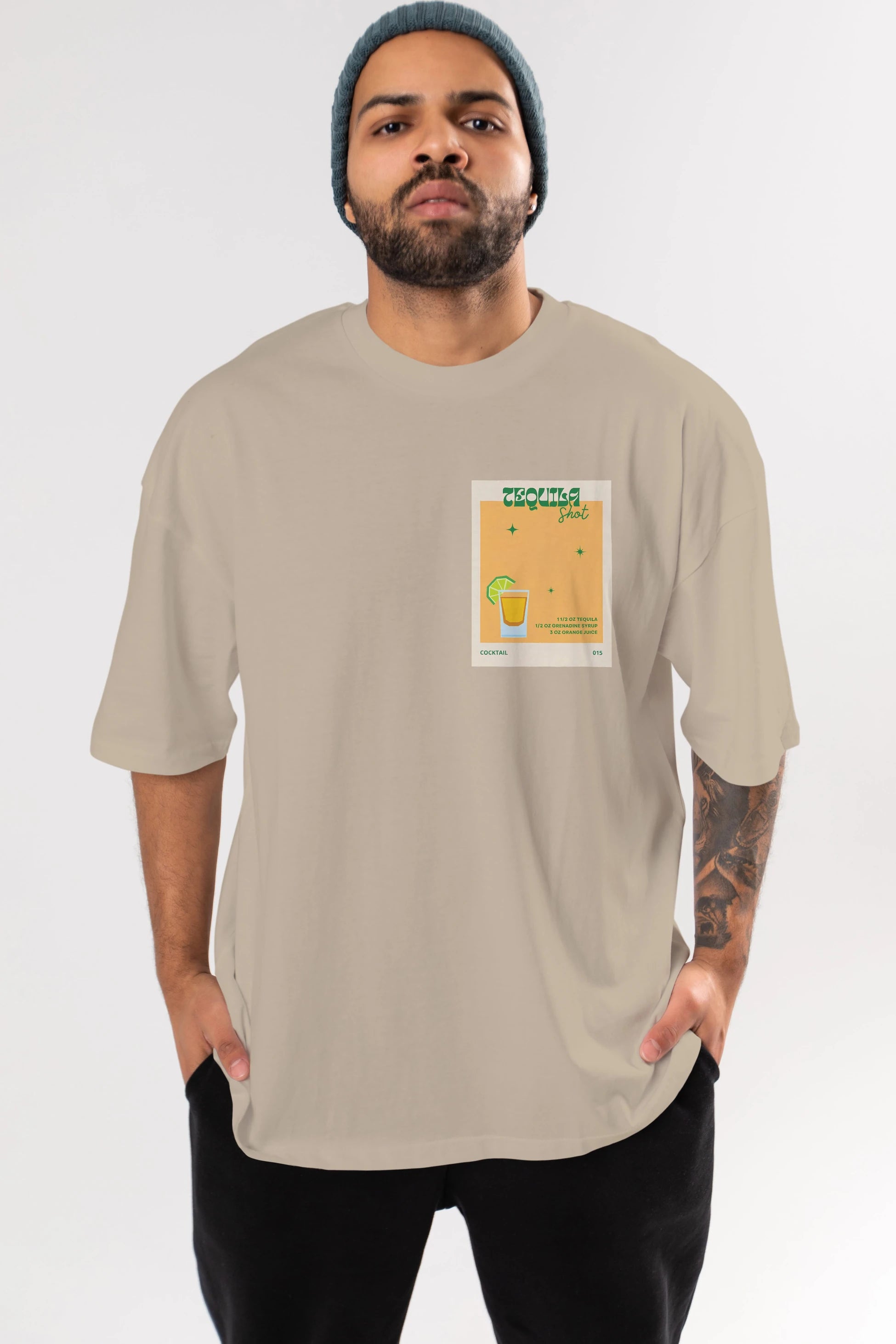 Tequila Shot 2 Ön Sol Baskılı Oversize t-shirt Erkek Kadın Unisex %100 Pamuk Bisiklet Yaka tişort
