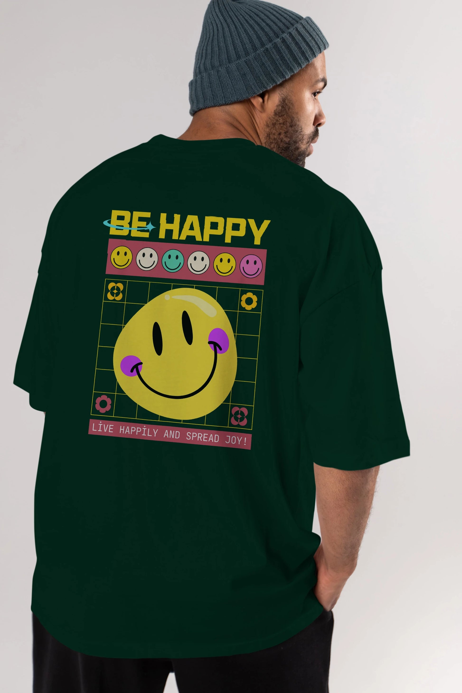 Be Happy Yazılı Arka Baskılı Oversize t-shirt Erkek Kadın Unisex