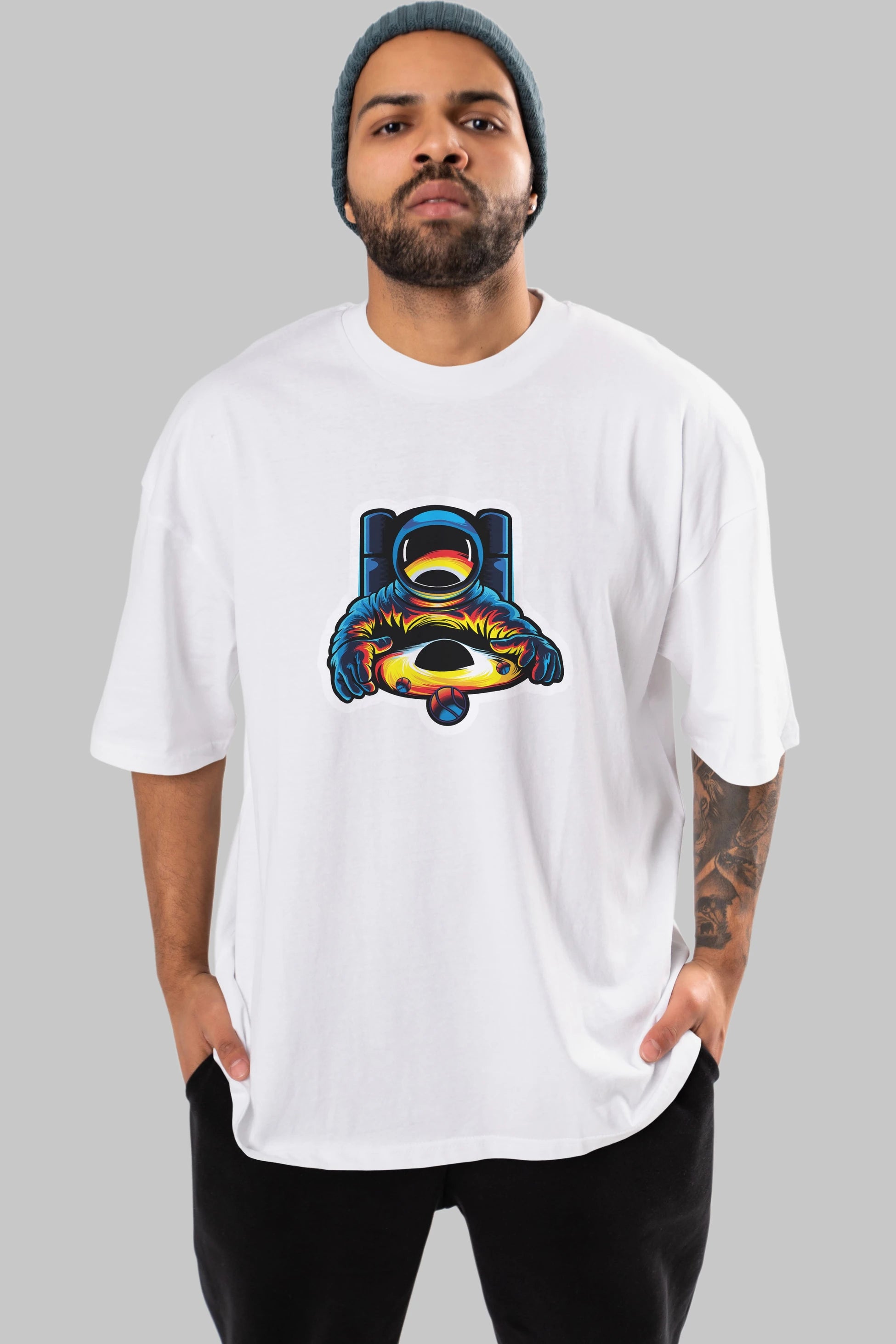 Astronaut & Black Hole Sticker Ön Baskılı Oversize t-shirt Erkek Kadın Unisex