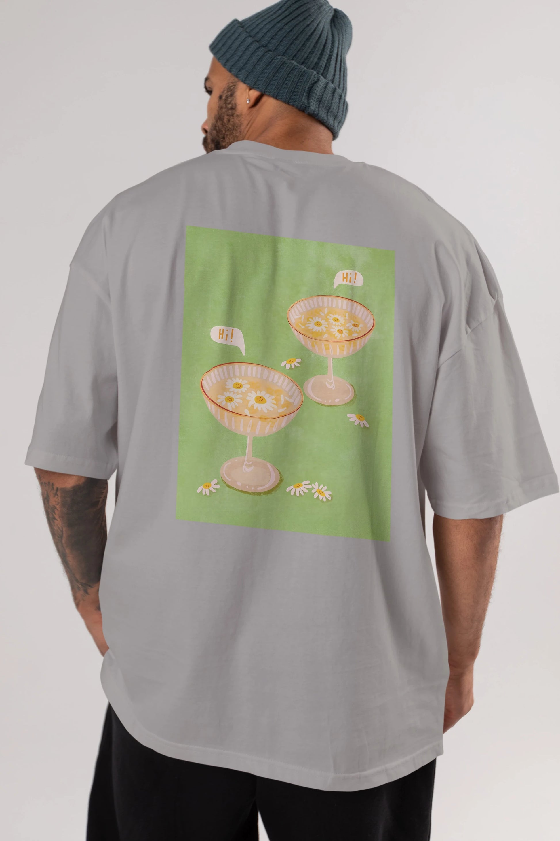 Hi Cheers Arka Baskılı Oversize t-shirt Erkek Kadın Unisex %100 Pamuk Bisiklet Yaka tişort