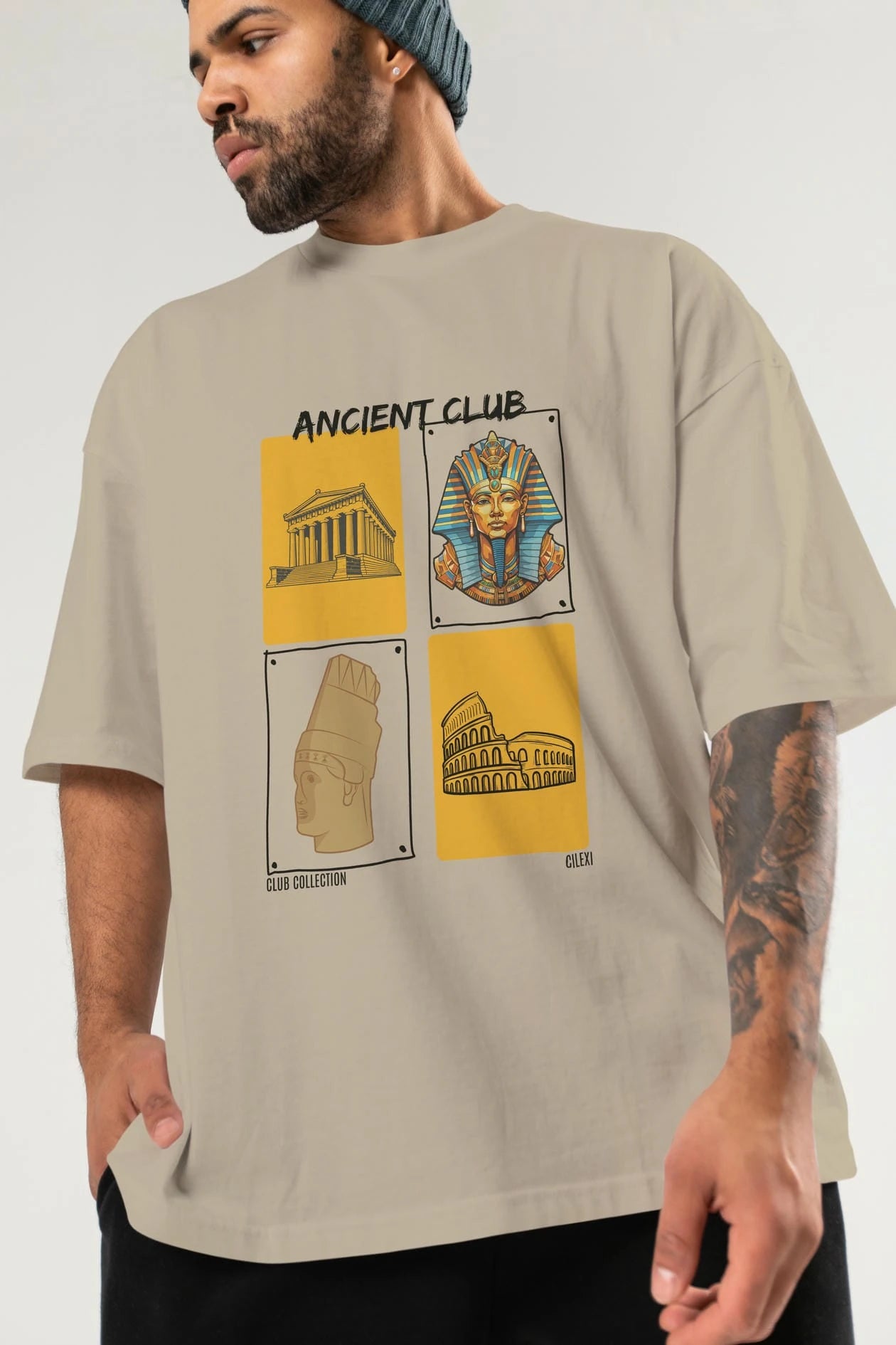 Ancient Club ön Baskılı Oversize t-shirt Erkek Kadın %100 Pamuk Bisiklet Yaka tişort