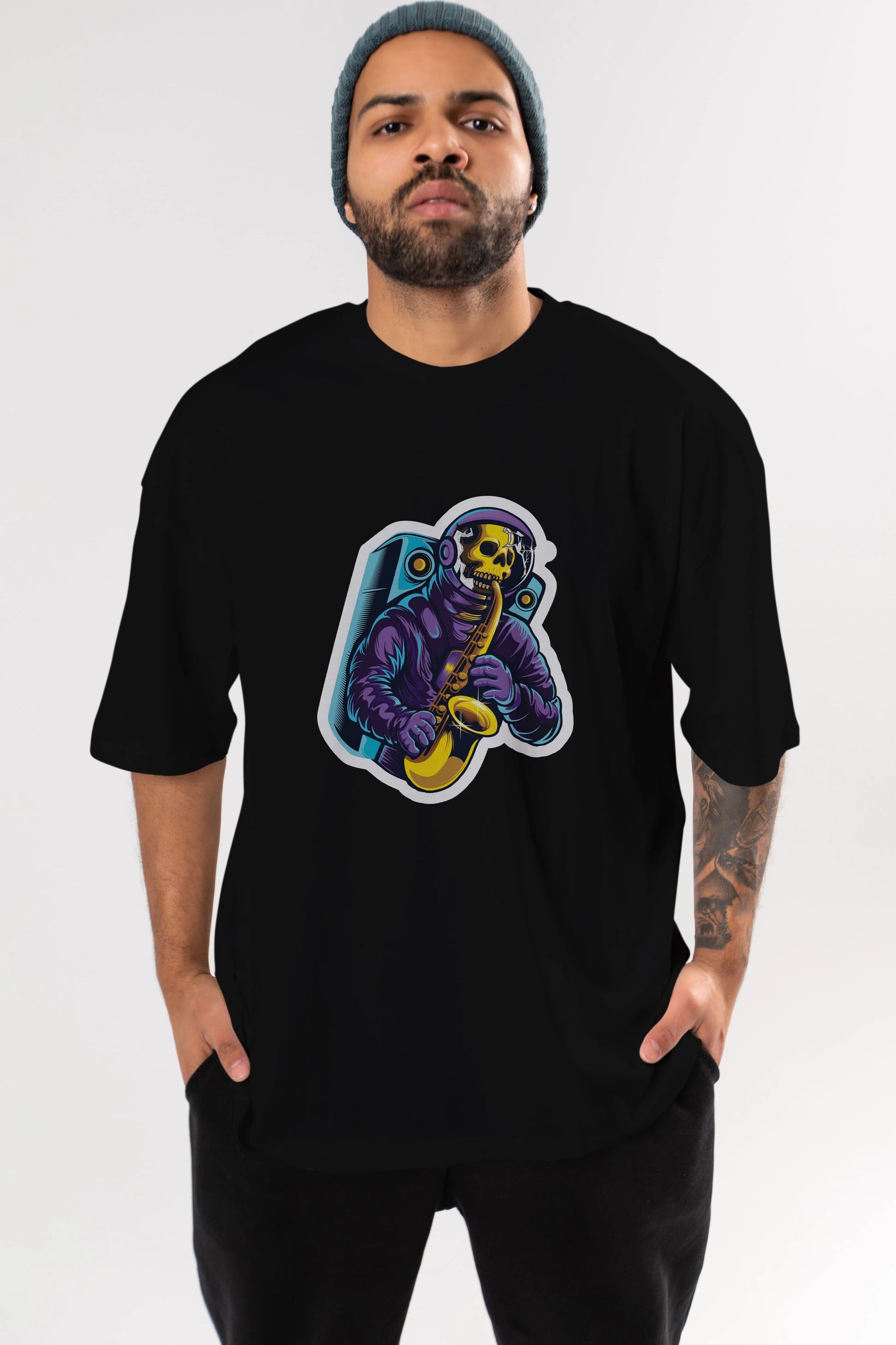 Astroskull Saxophonist Sticker Ön Baskılı Oversize t-shirt Erkek Kadın Unisex