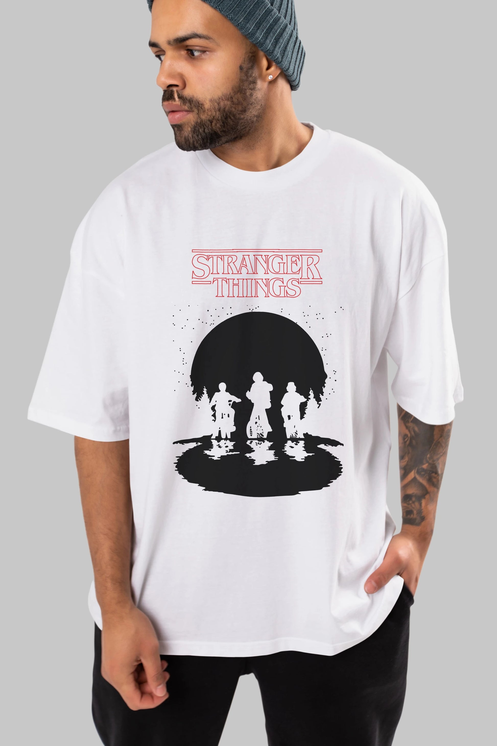 Stranger Things Ön Baskılı Oversize t-shirt Erkek Kadın Unisex %100 Pamuk Bisiklet Yaka tişort