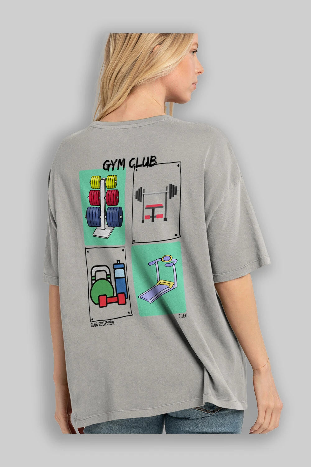 Gym Club Arka Baskılı Oversize t-shirt Erkek Kadın %100 Pamuk Bisiklet Yaka tişort