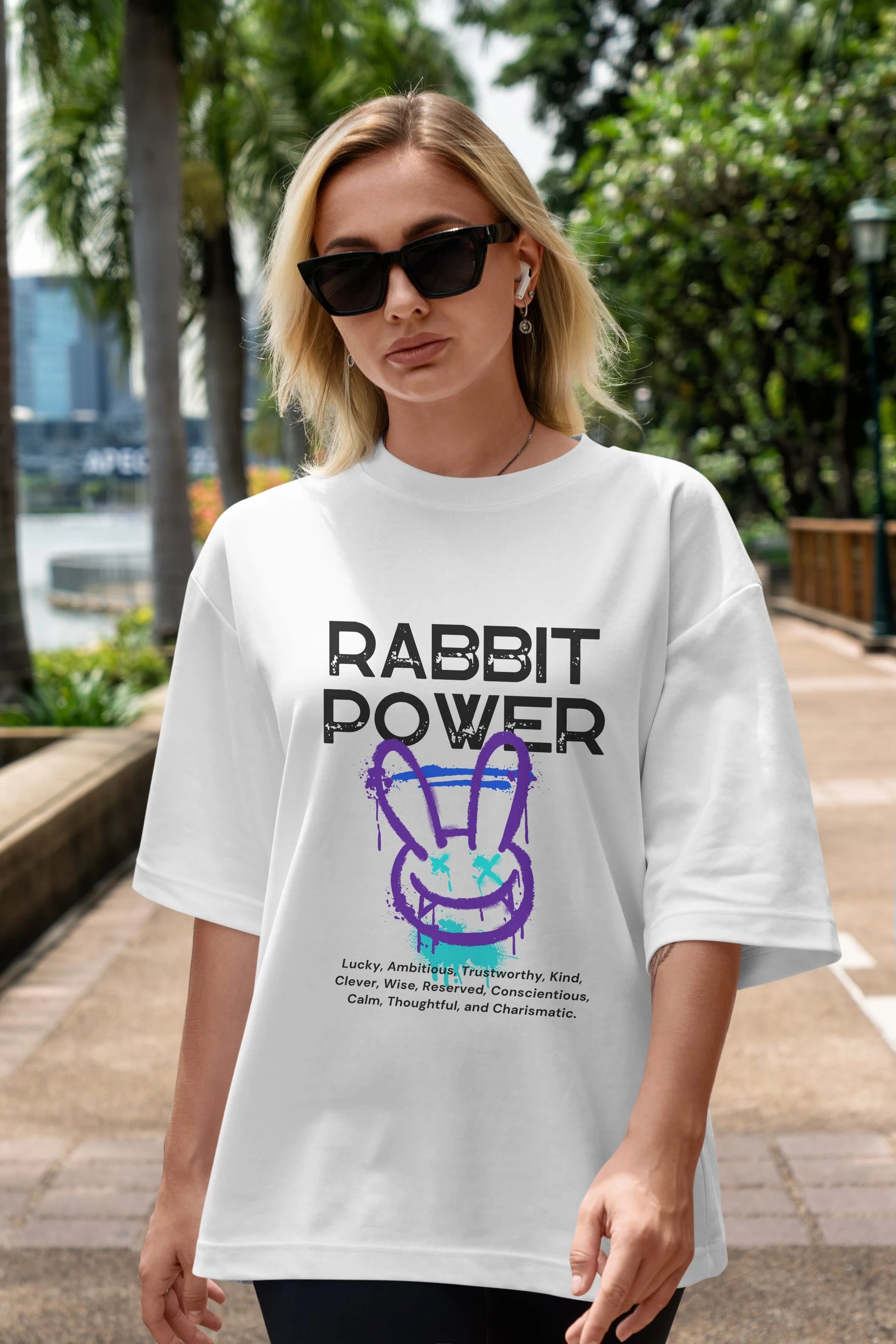 Rabbit Power Yazılı Ön Baskılı Oversize t-shirt Erkek Kadın Unisex