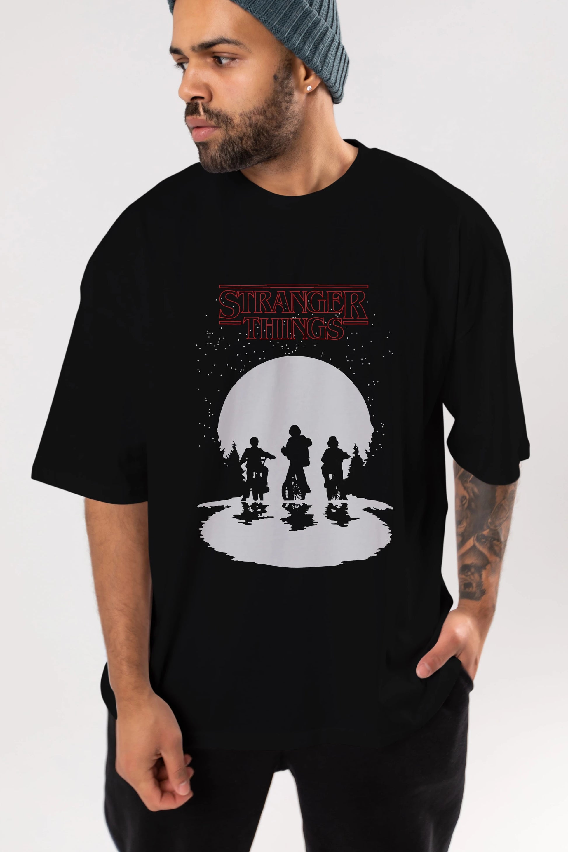 Stranger Things Ön Baskılı Oversize t-shirt Erkek Kadın Unisex %100 Pamuk Bisiklet Yaka tişort
