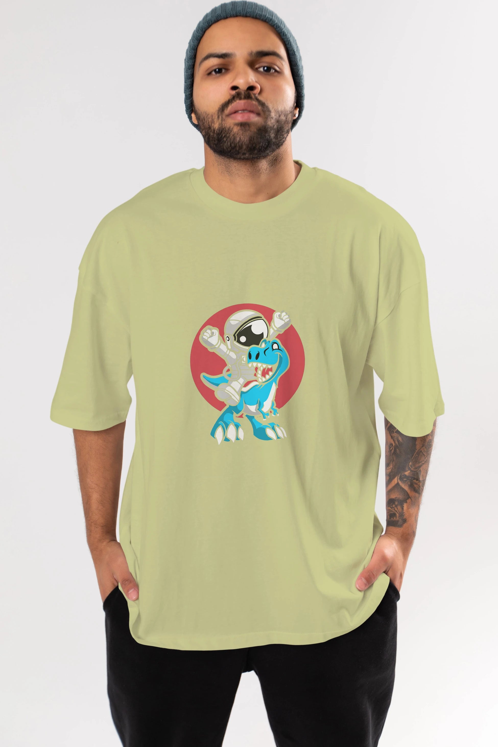 Astronaut Dino Ön Baskılı Oversize t-shirt Erkek Kadın Unisex %100 Pamuk tişort