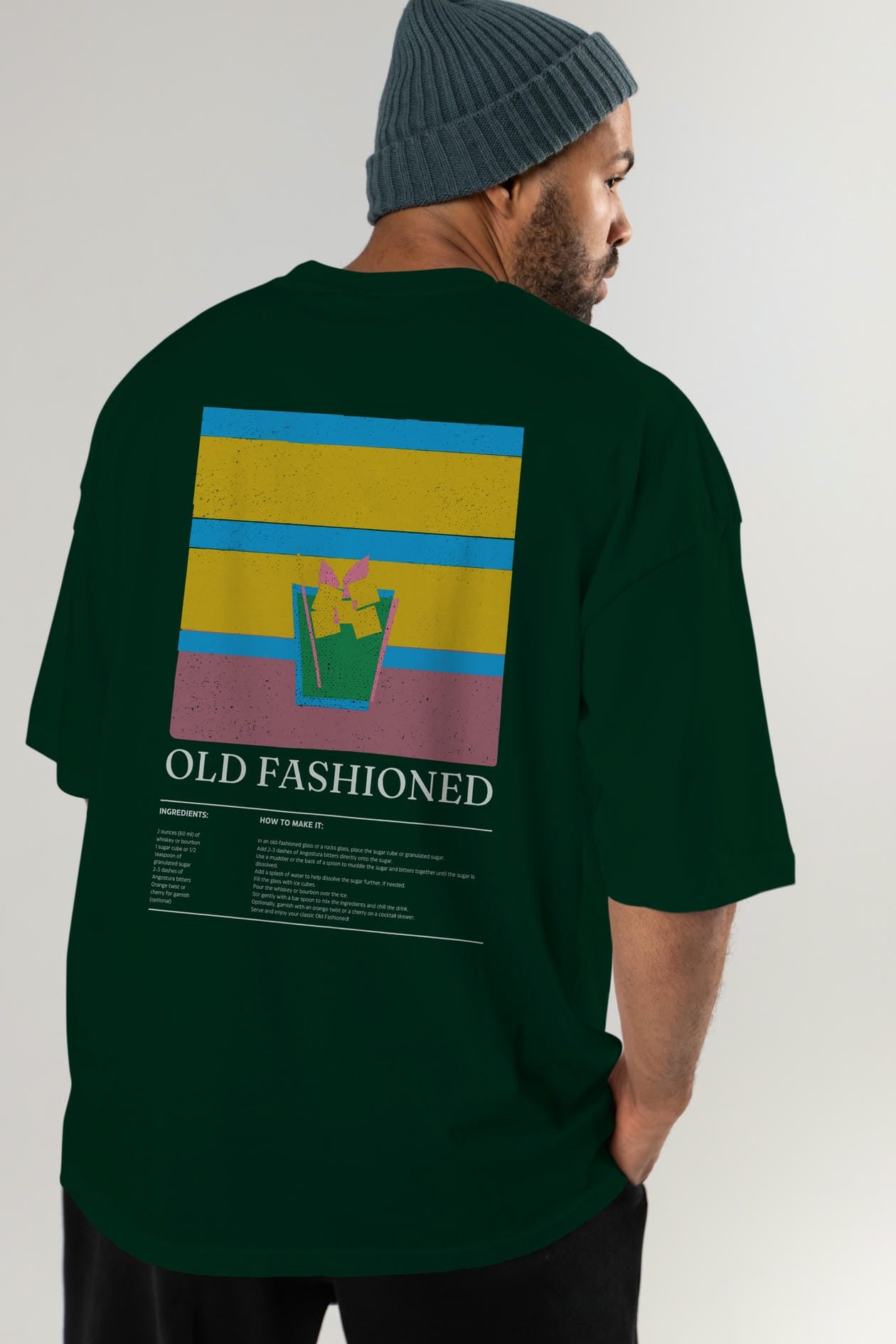 Old Fashioned Kokteyl Serisi Arka Baskılı Oversize t-shirt Erkek Kadın %100 Pamuk Bisiklet Yaka tişort