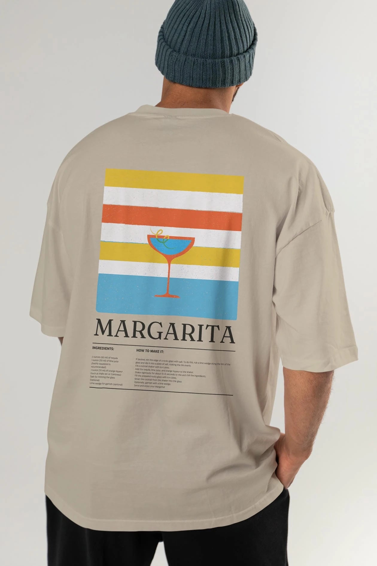 Margarita Kokteyl Serisi Arka Baskılı Oversize t-shirt Erkek Kadın %100 Pamuk Bisiklet Yaka tişort
