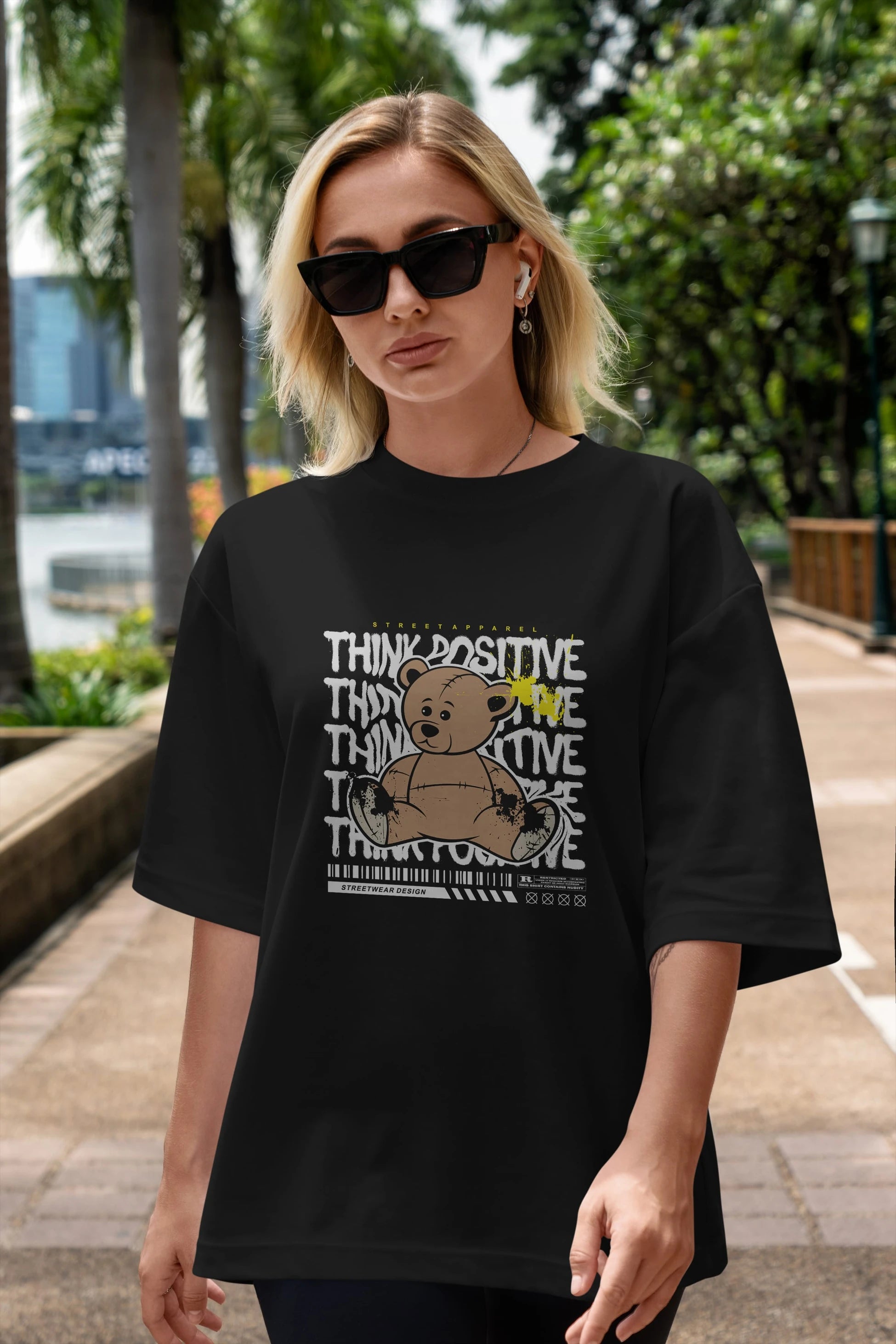 Teddy Bear Think Positive Ön Baskılı Oversize t-shirt Erkek Kadın Unisex
