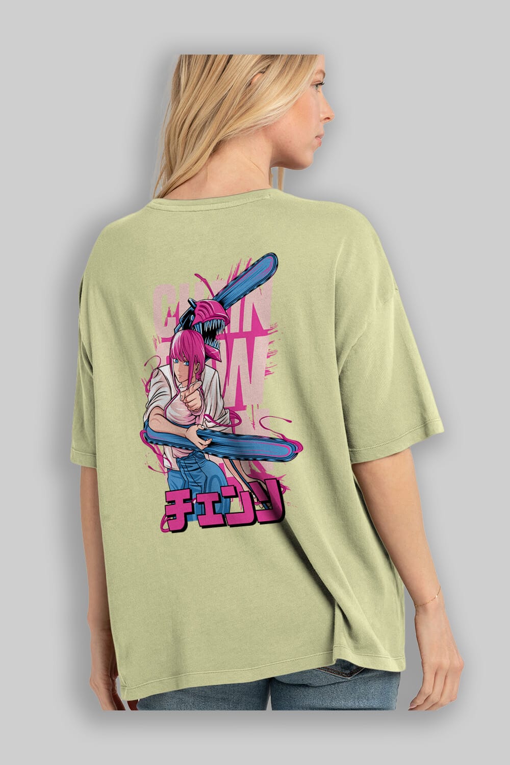 DENJI and MAKIMA Anime Arka Baskılı Oversize t-shirt Erkek Kadın Unisex
