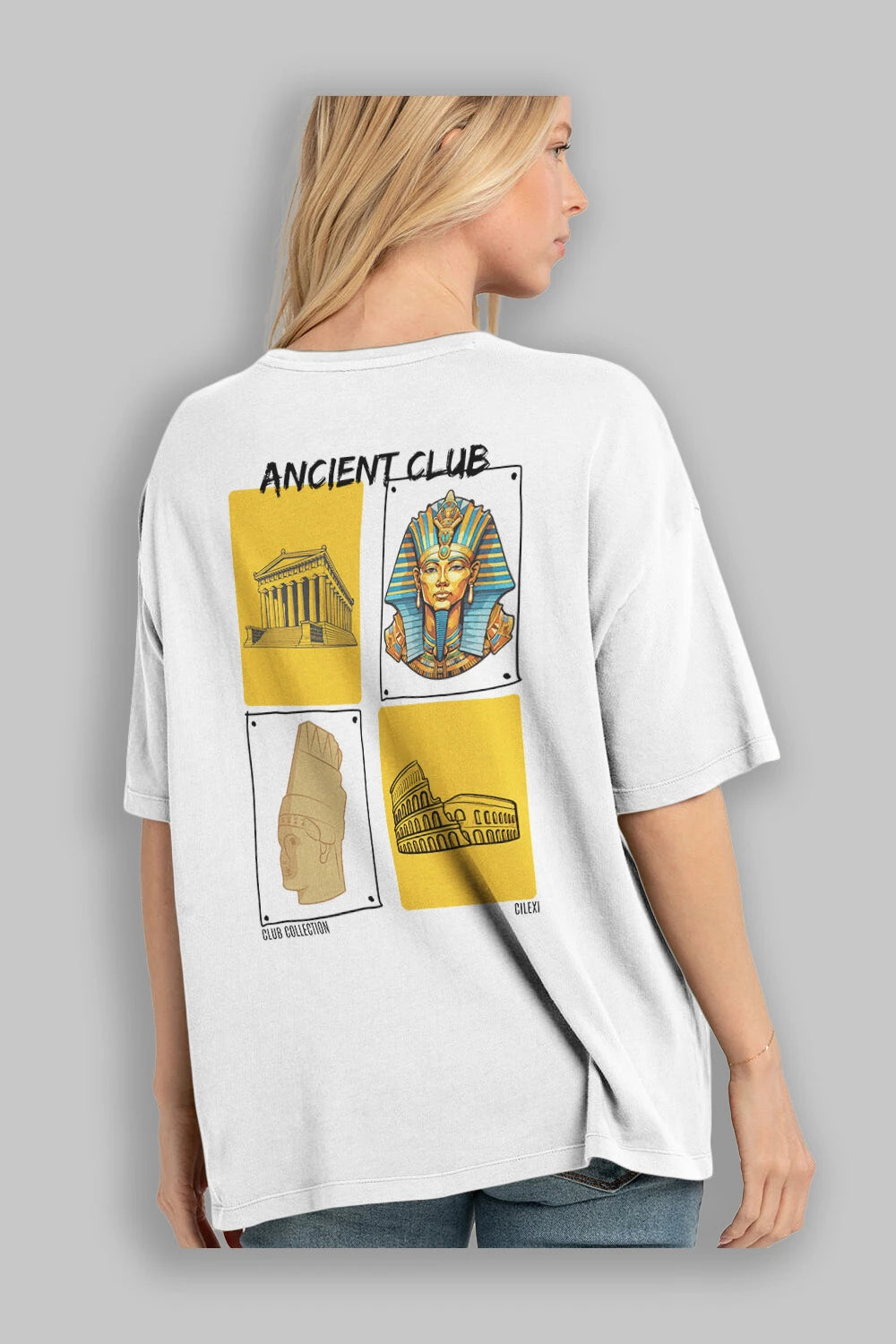 Ancient Club Arka Baskılı Oversize t-shirt Erkek Kadın %100 Pamuk Bisiklet Yaka tişort