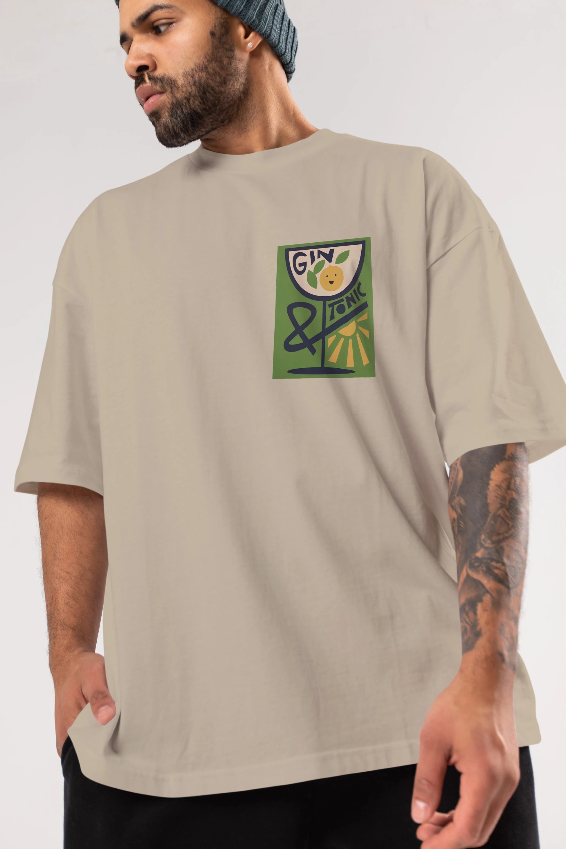 Gin Tonic 3 Ön Sol Baskılı Oversize t-shirt Erkek Kadın Unisex %100 Pamuk Bisiklet Yaka tişort