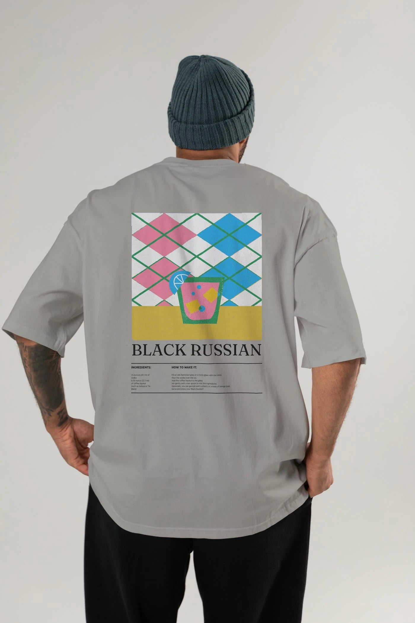 Black Russian Kokteyl Serisi Arka Baskılı Oversize t-shirt Erkek Kadın %100 Pamuk Bisiklet Yaka tişort