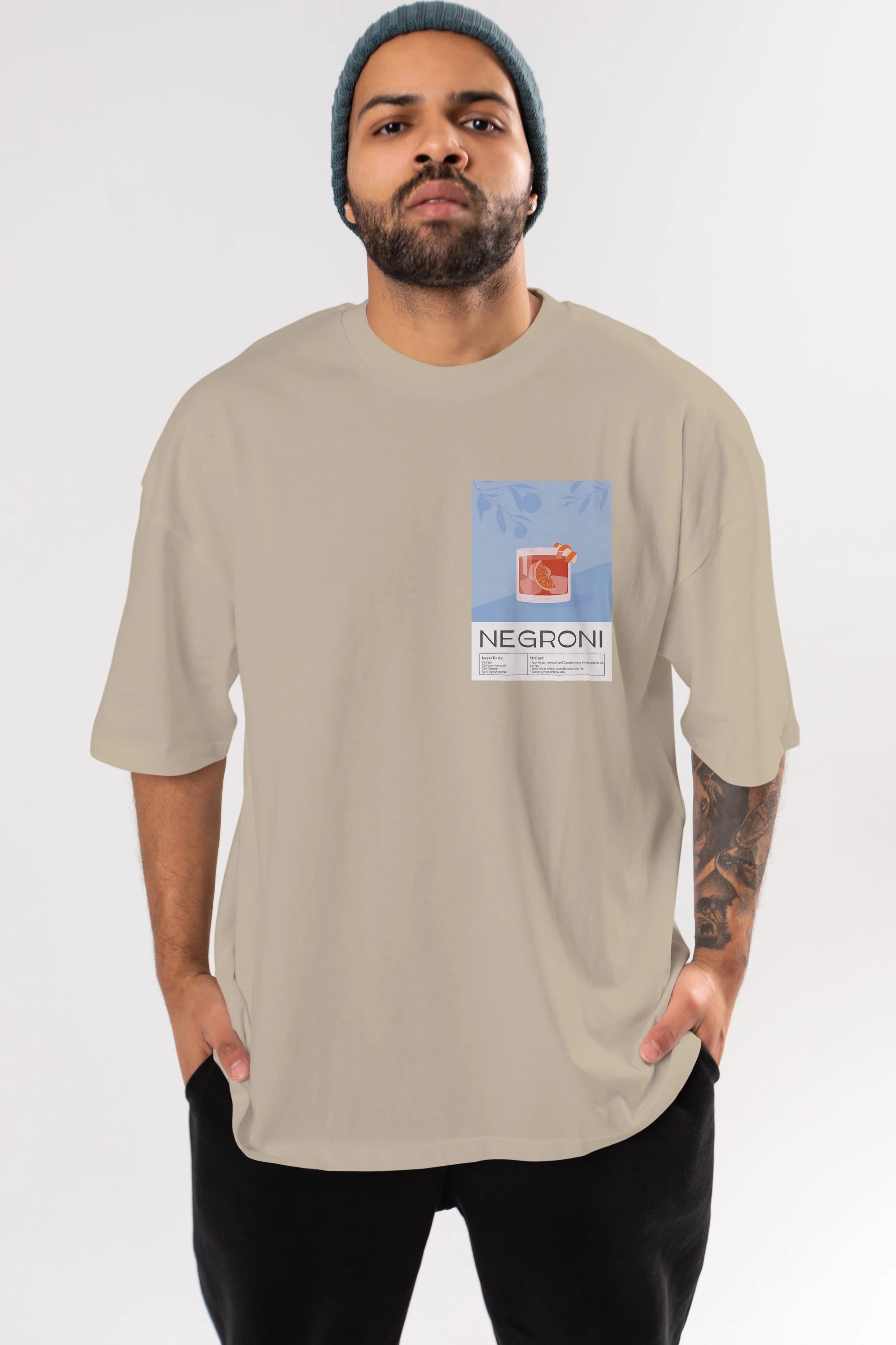 Negroni Ön Sol Baskılı Oversize t-shirt Erkek Kadın Unisex %100 Pamuk Bisiklet Yaka tişort