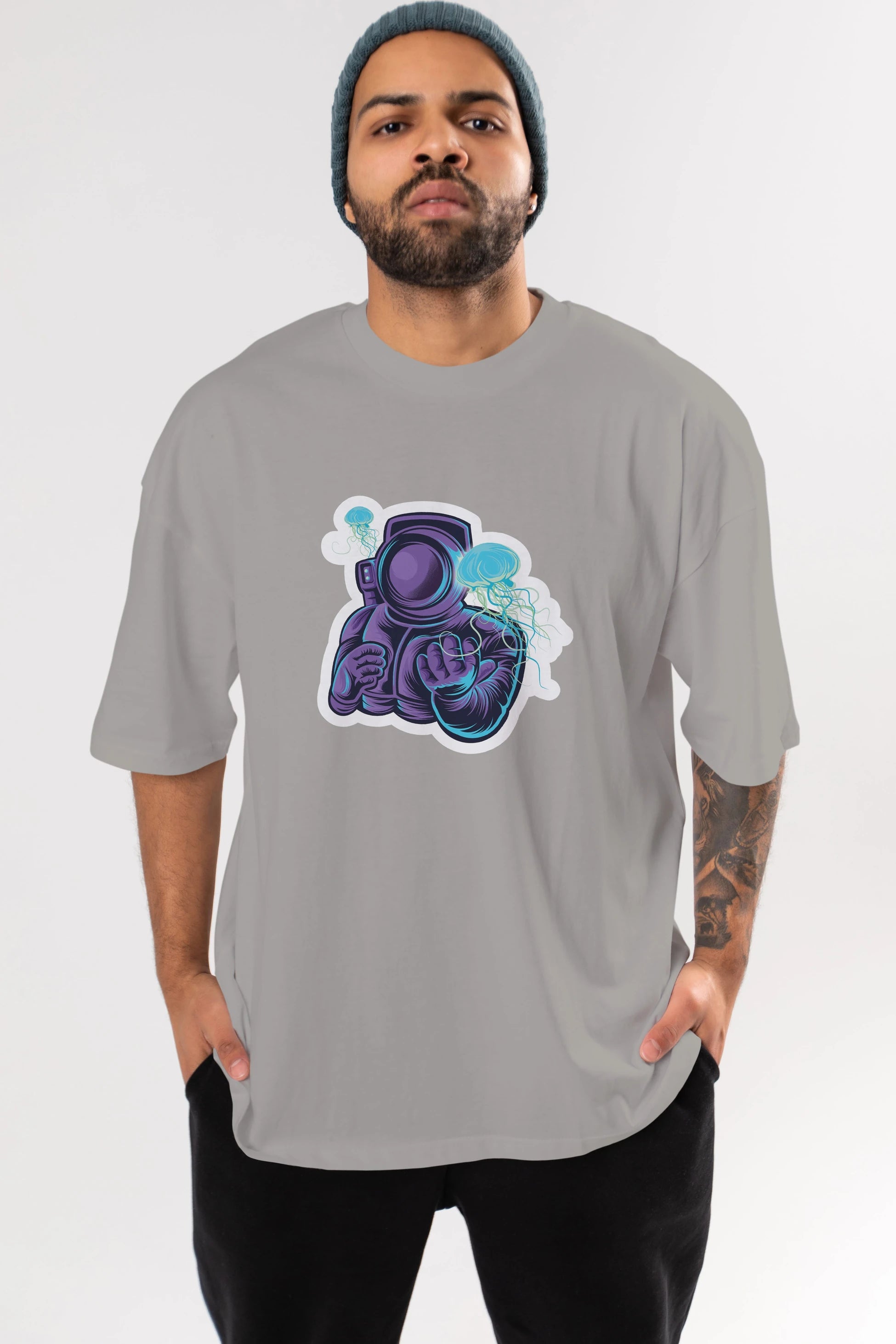 Astronaut and Jellyfish Sticker Ön Baskılı Oversize t-shirt Erkek Kadın Unisex