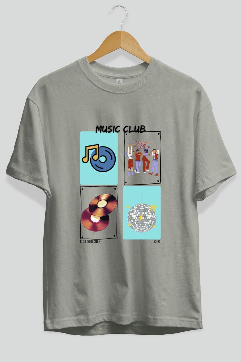 Music Club ön Baskılı Oversize t-shirt Erkek Kadın %100 Pamuk Bisiklet Yaka tişort