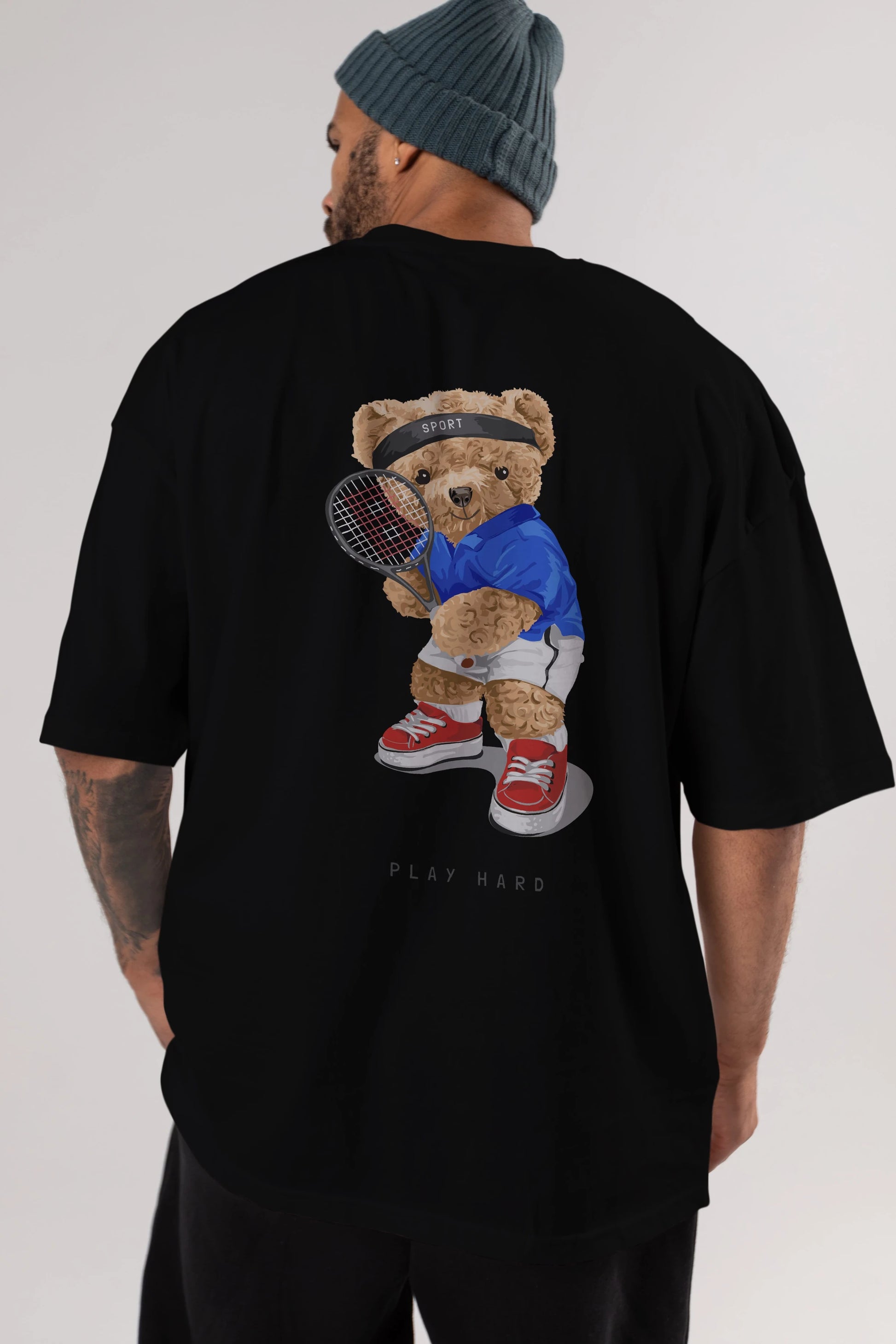 Teddy Bear Play Hard Arka Baskılı Oversize t-shirt Erkek Kadın Unisex %100 Pamuk
