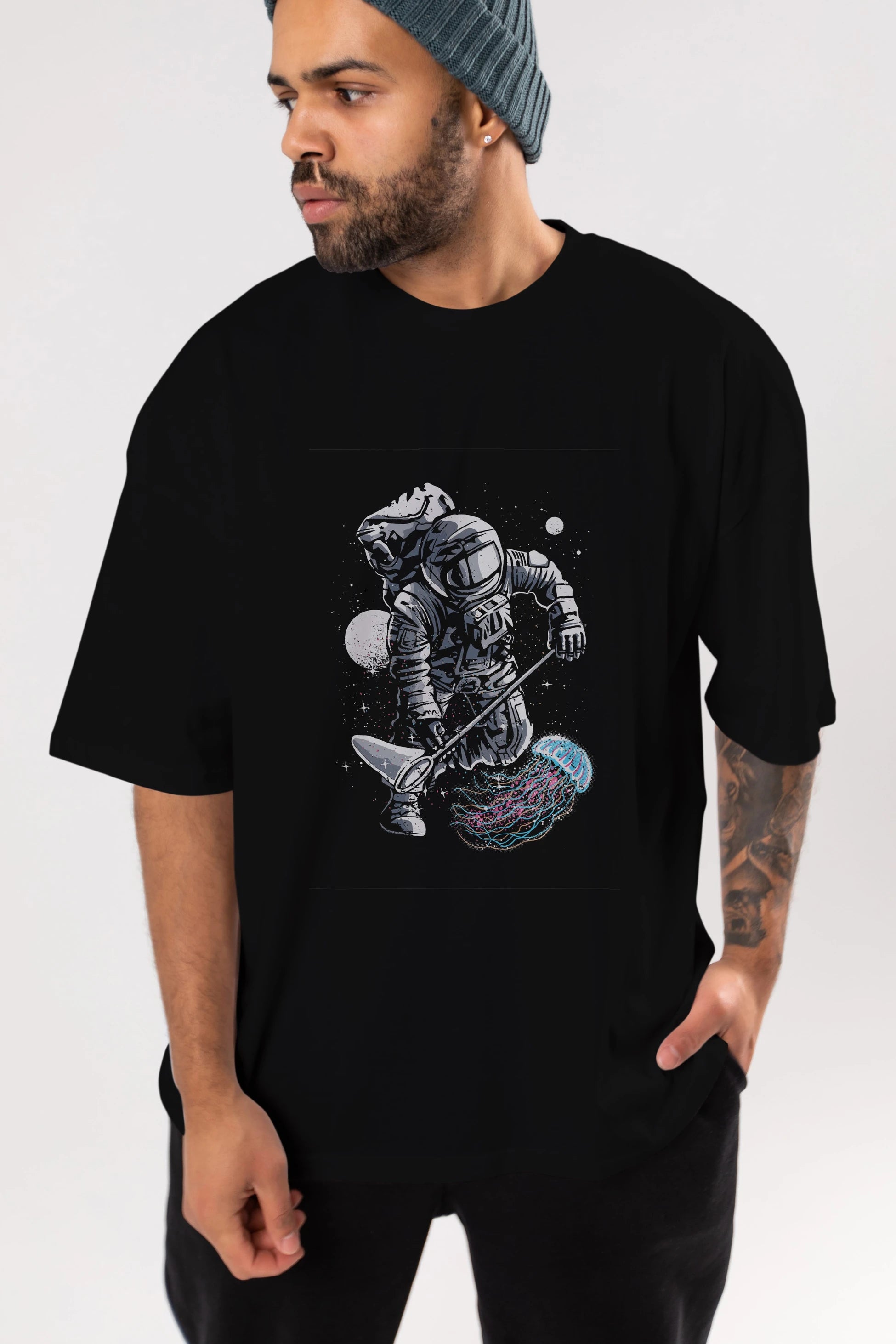 Astronaut Jellyfish Ön Baskılı Oversize t-shirt Erkek Kadın Unisex %100 Pamuk tişort