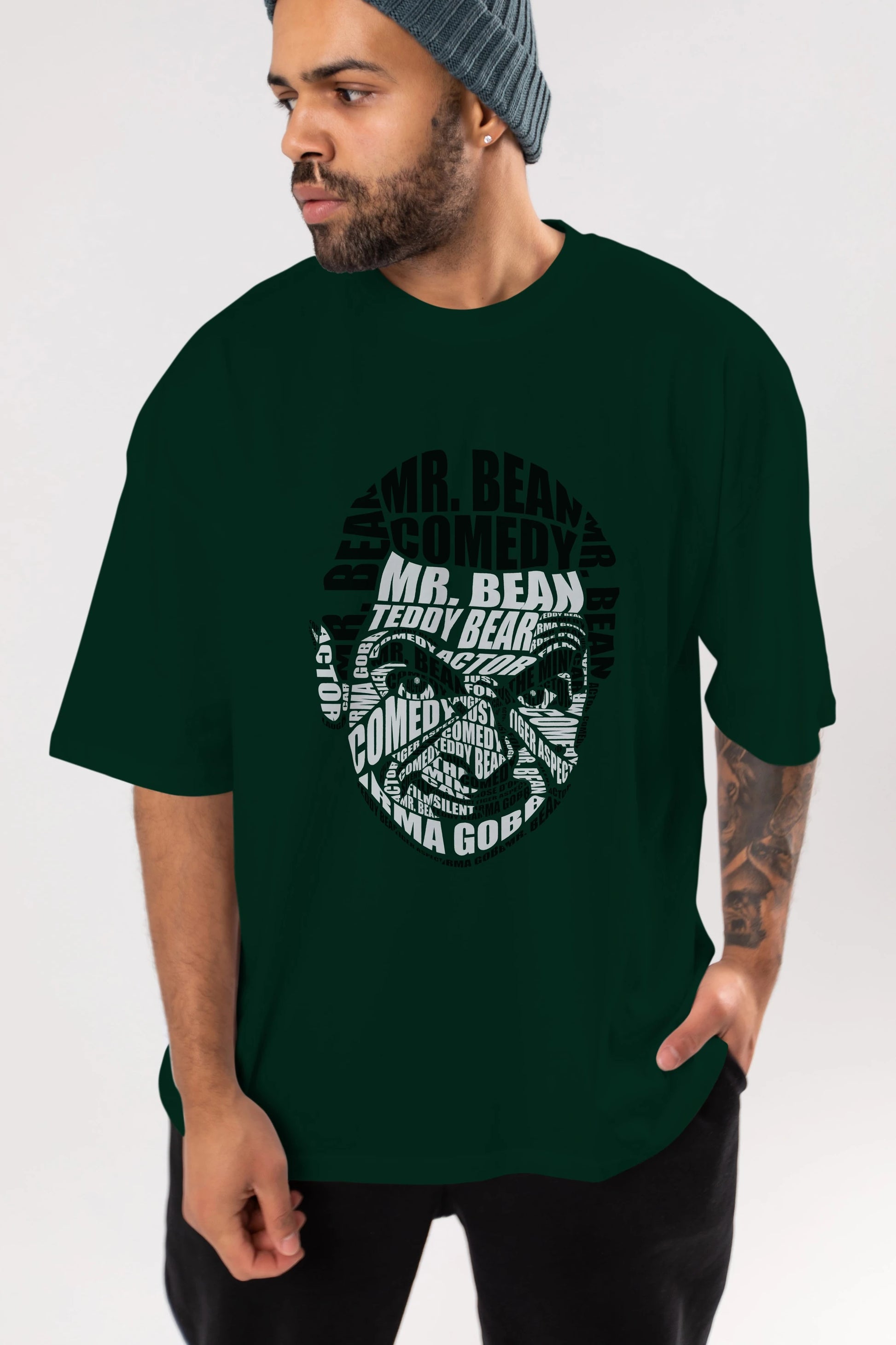 Mr Bean Calligram Ön Baskılı Oversize t-shirt %100 pamuk Erkek Kadın Unisex