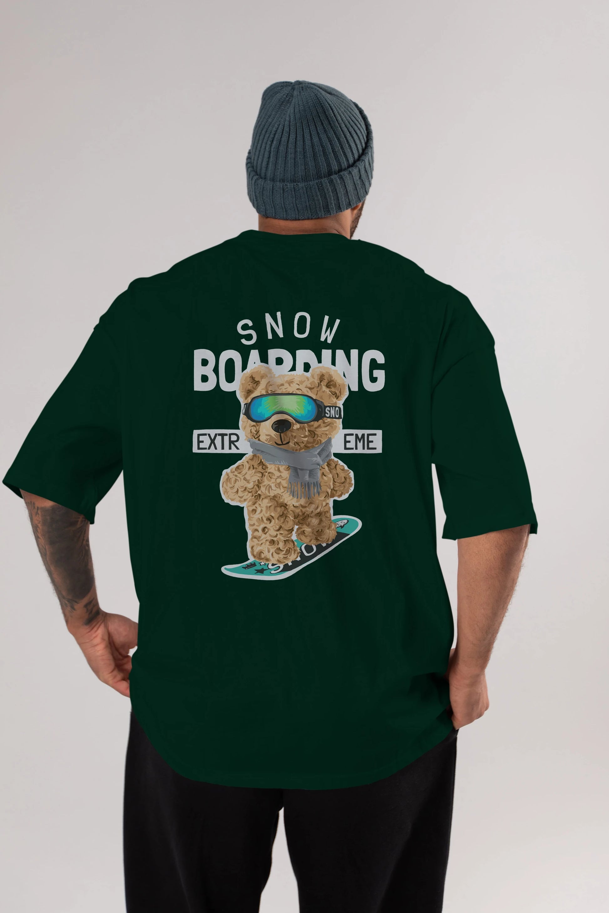 Teddy Bear Snow Boarding Arka Baskılı Oversize t-shirt Erkek Kadın Unisex %100 Pamuk