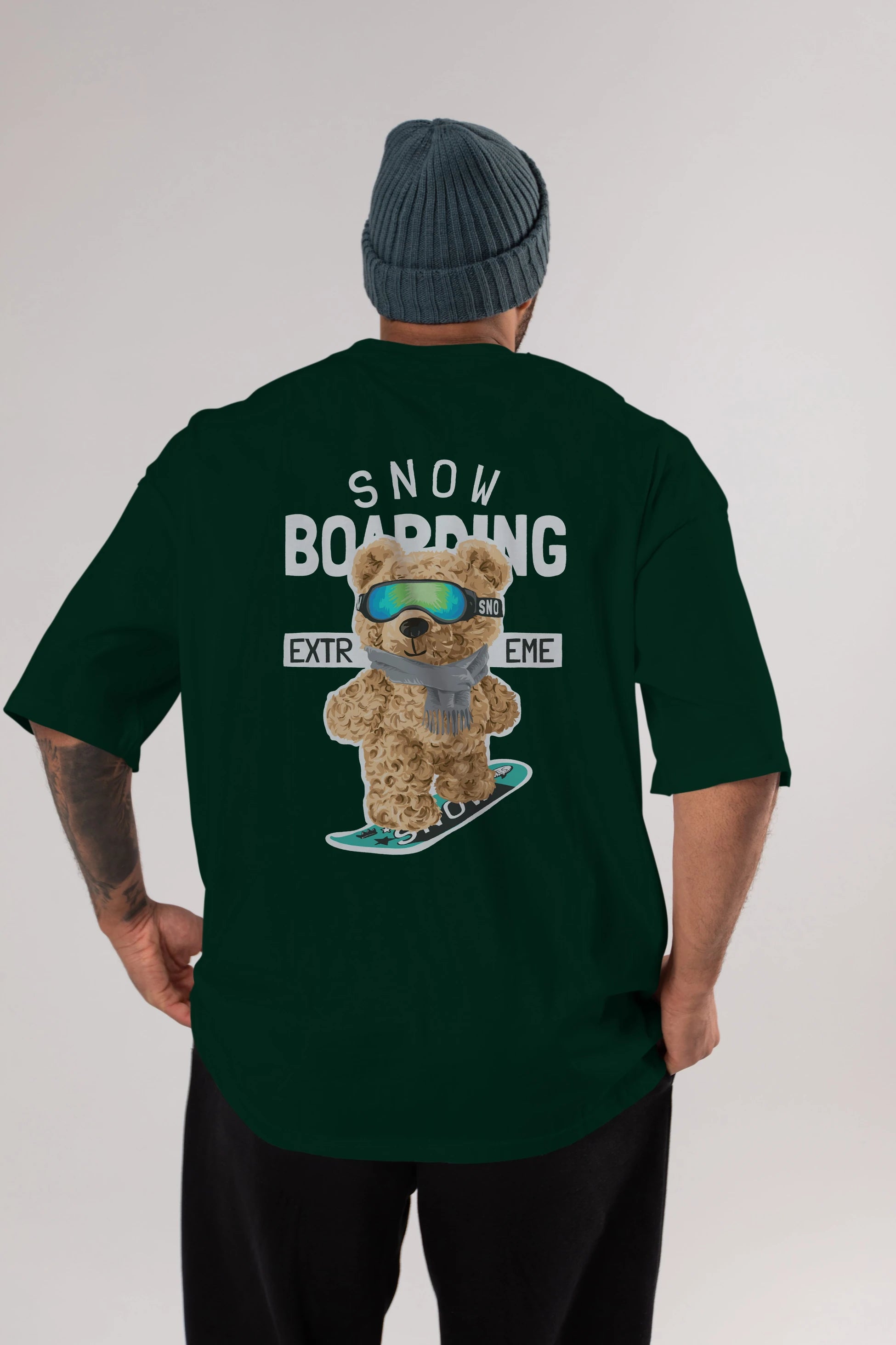 Teddy Bear Snow Boarding Arka Baskılı Oversize t-shirt Erkek Kadın Unisex %100 Pamuk