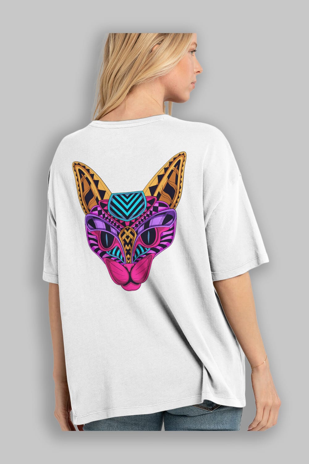 Black Neon Cat Arka Baskılı Oversize t-shirt Erkek Kadın Unisex