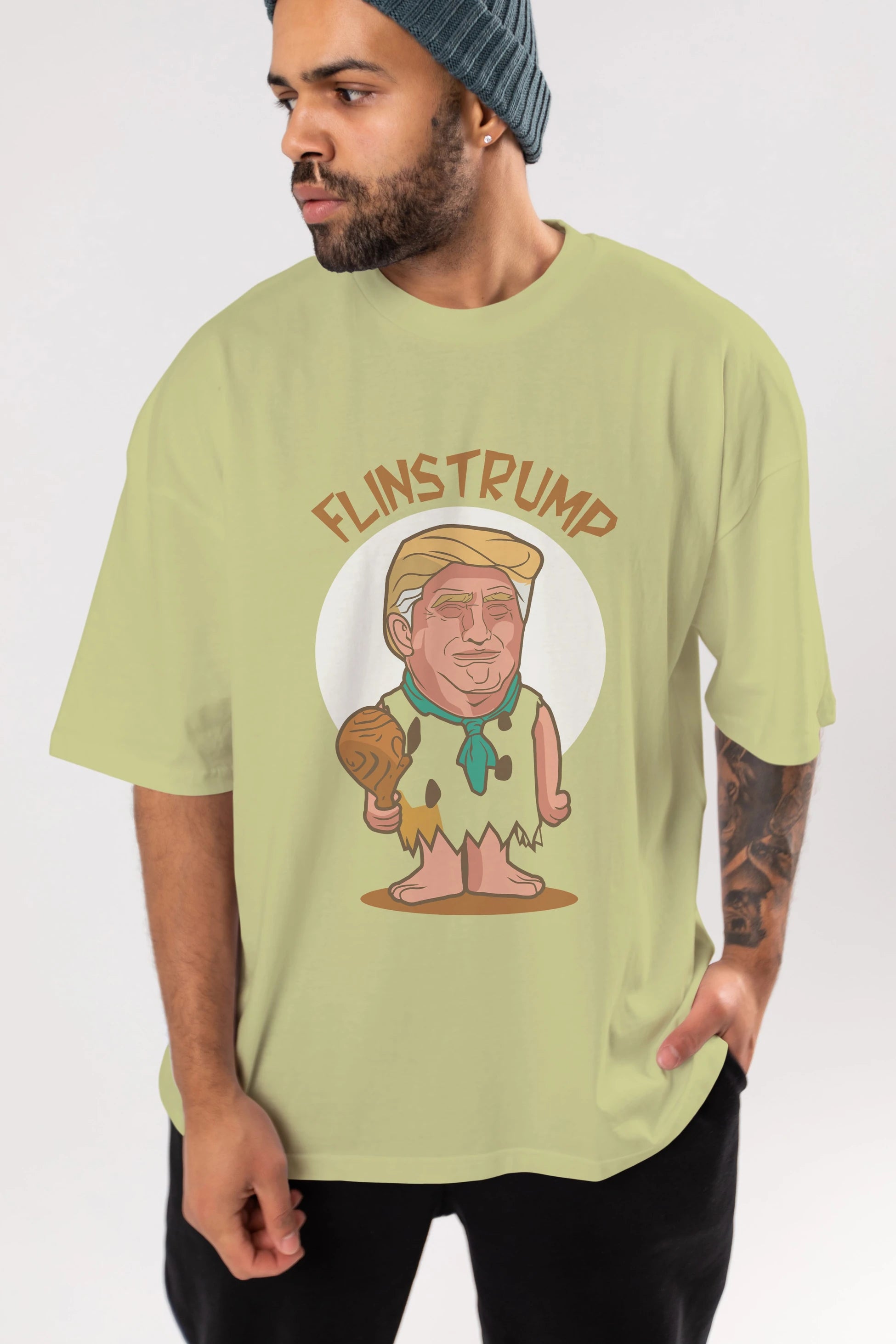 Flinstrump Ön Baskılı Oversize t-shirt Erkek Kadın Unisex %100 Pamuk tişort