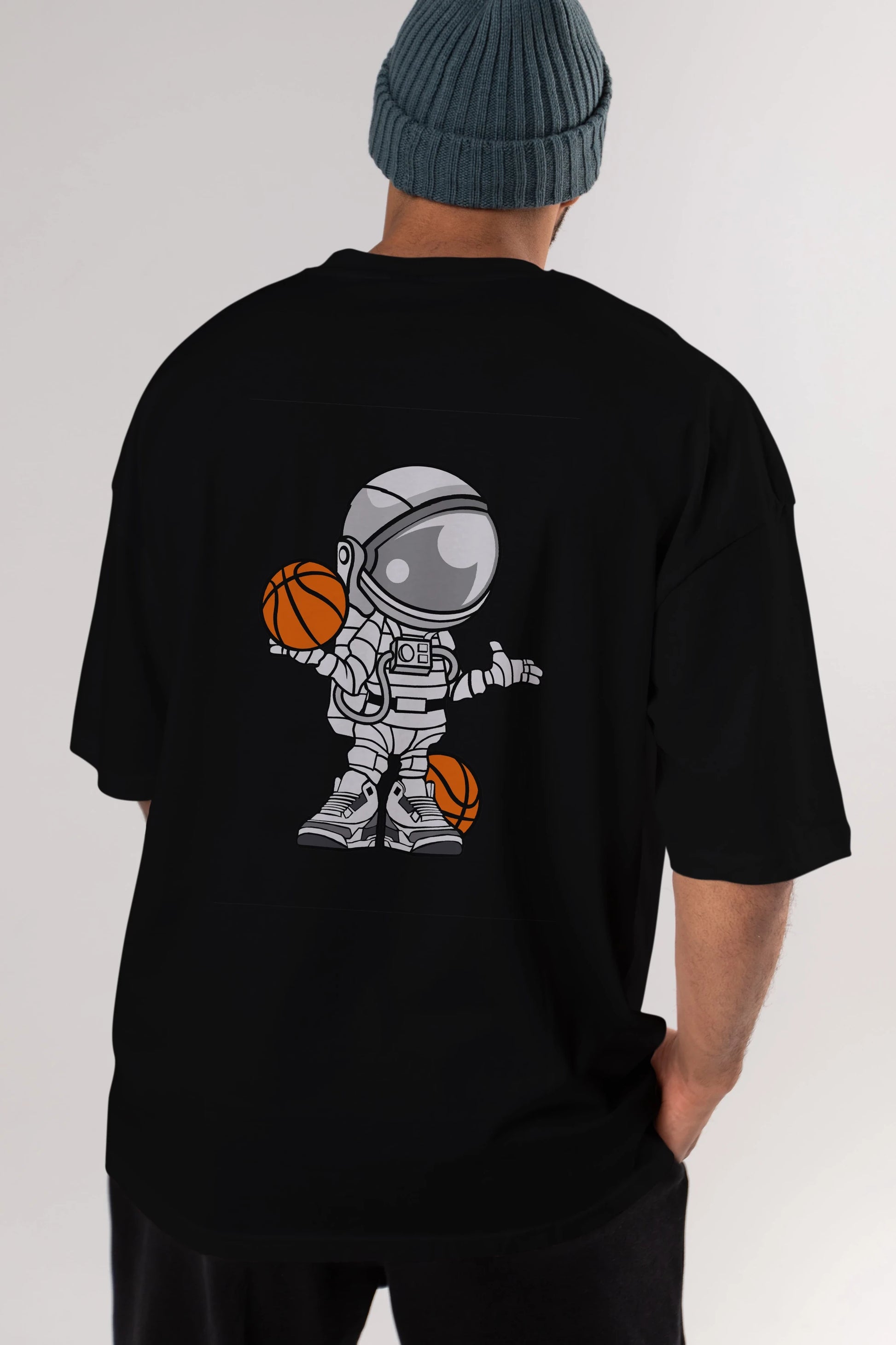 Astronaut Basketball Player Arka Baskılı Oversize t-shirt Erkek Kadın Unisex %100 Pamuk tişort