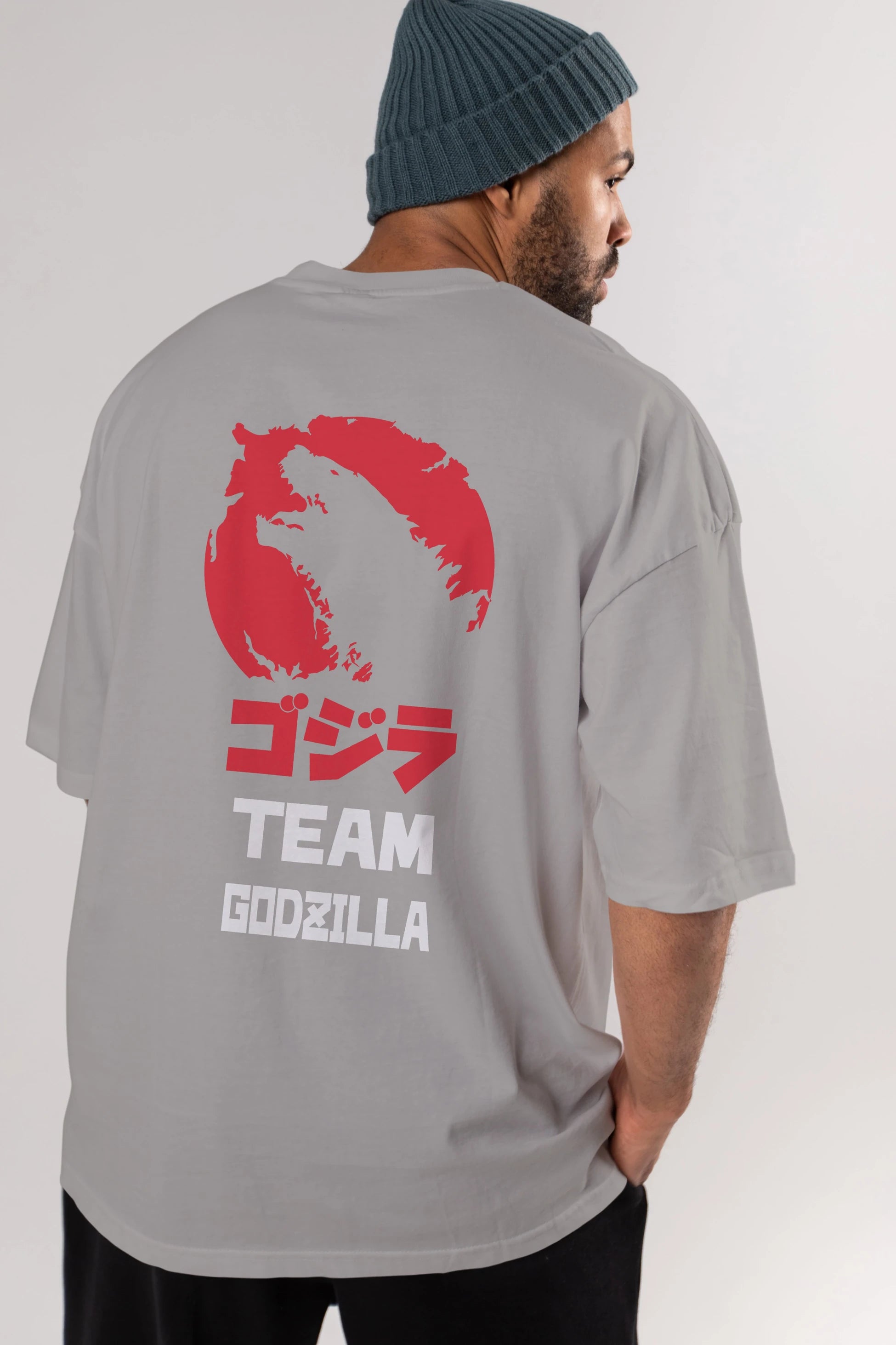 Team Godzilla Arka Baskılı Oversize t-shirt Erkek Kadın Unisex %100 Pamuk Bisiklet Yaka tişort