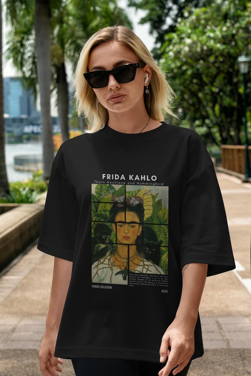 Frida Kahlo ön Baskılı Oversize t-shirt Erkek Kadın Bisiklet Yaka Pamuk tişort