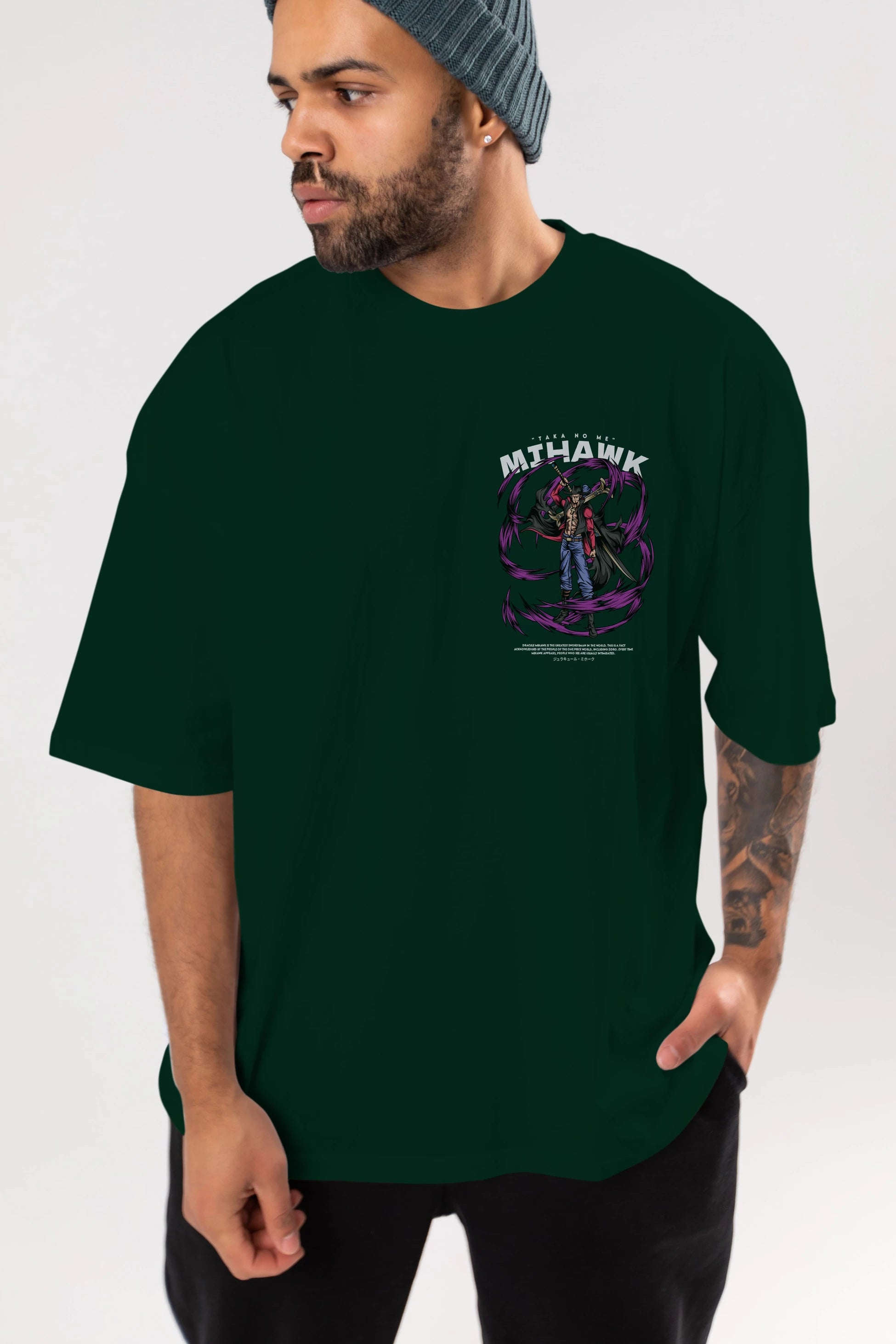 Mihawk Ön Sol Baskılı Oversize t-shirt Erkek Kadın Unisex %100 Pamuk Bisiklet Yaka tişort