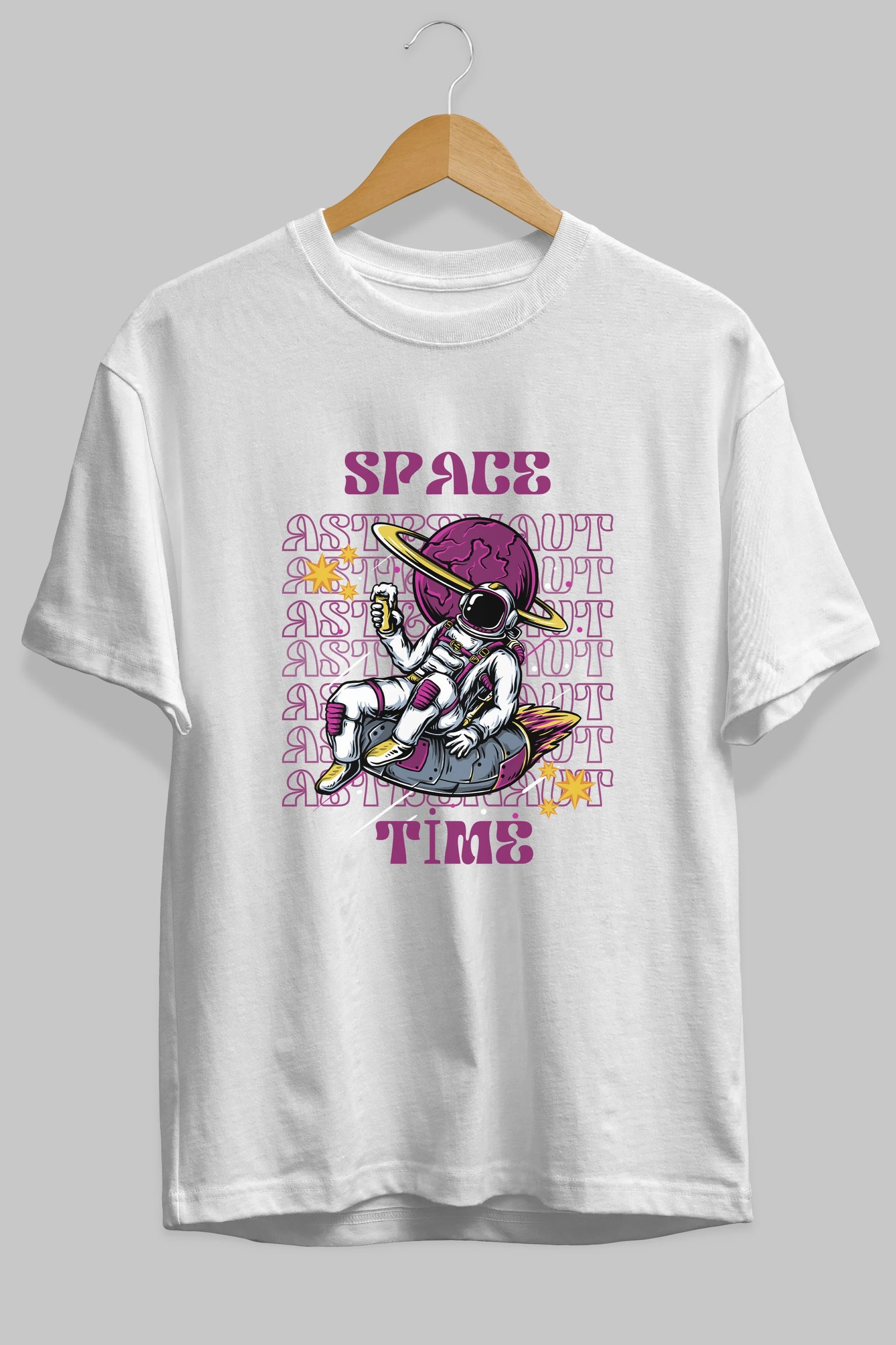 Space Time Astronaut Yazılı Ön Baskılı Oversize t-shirt Erkek Kadın Unisex