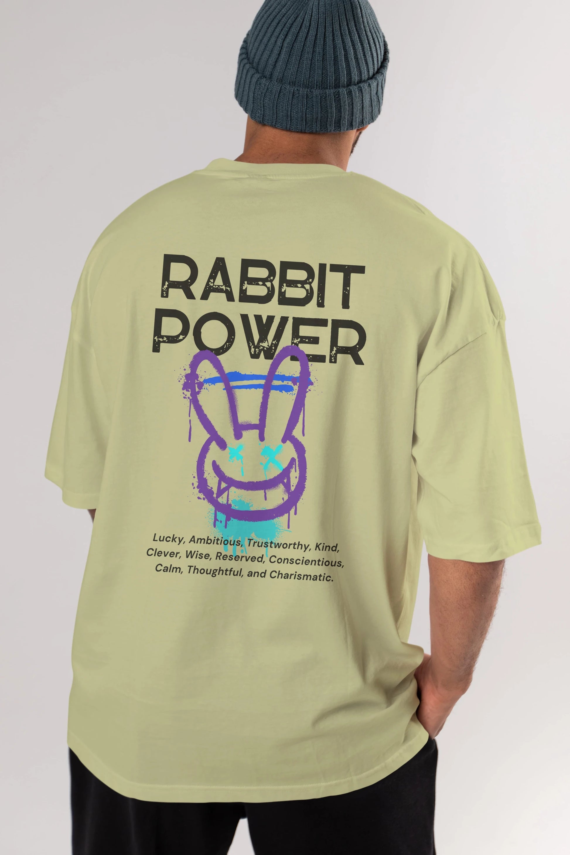 Rabbit Power Yazılı Arka Baskılı Oversize t-shirt Erkek Kadın Unisex