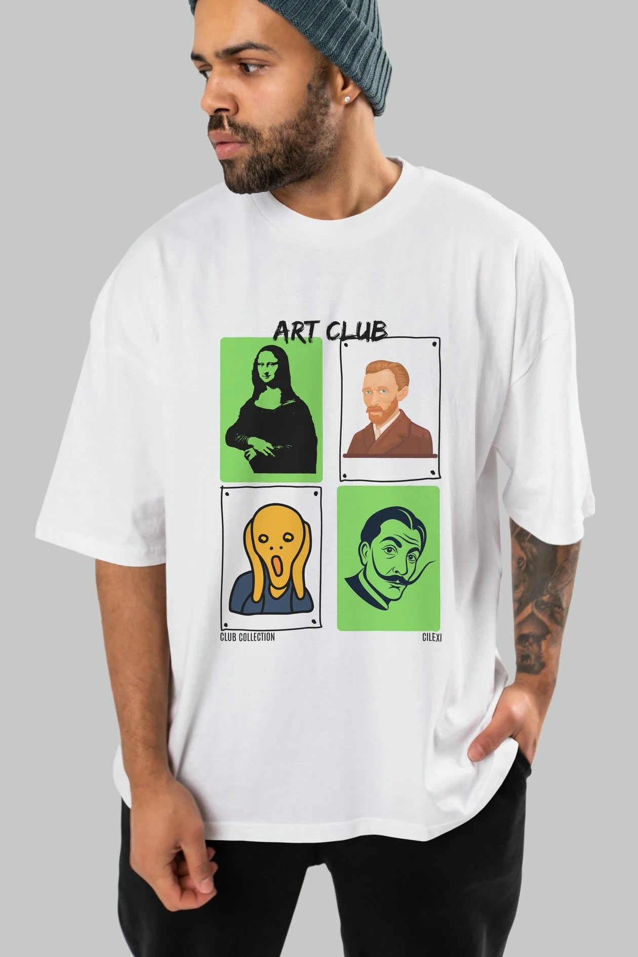 Art Club ön Baskılı Oversize t-shirt Erkek Kadın %100 Pamuk Bisiklet Yaka tişort