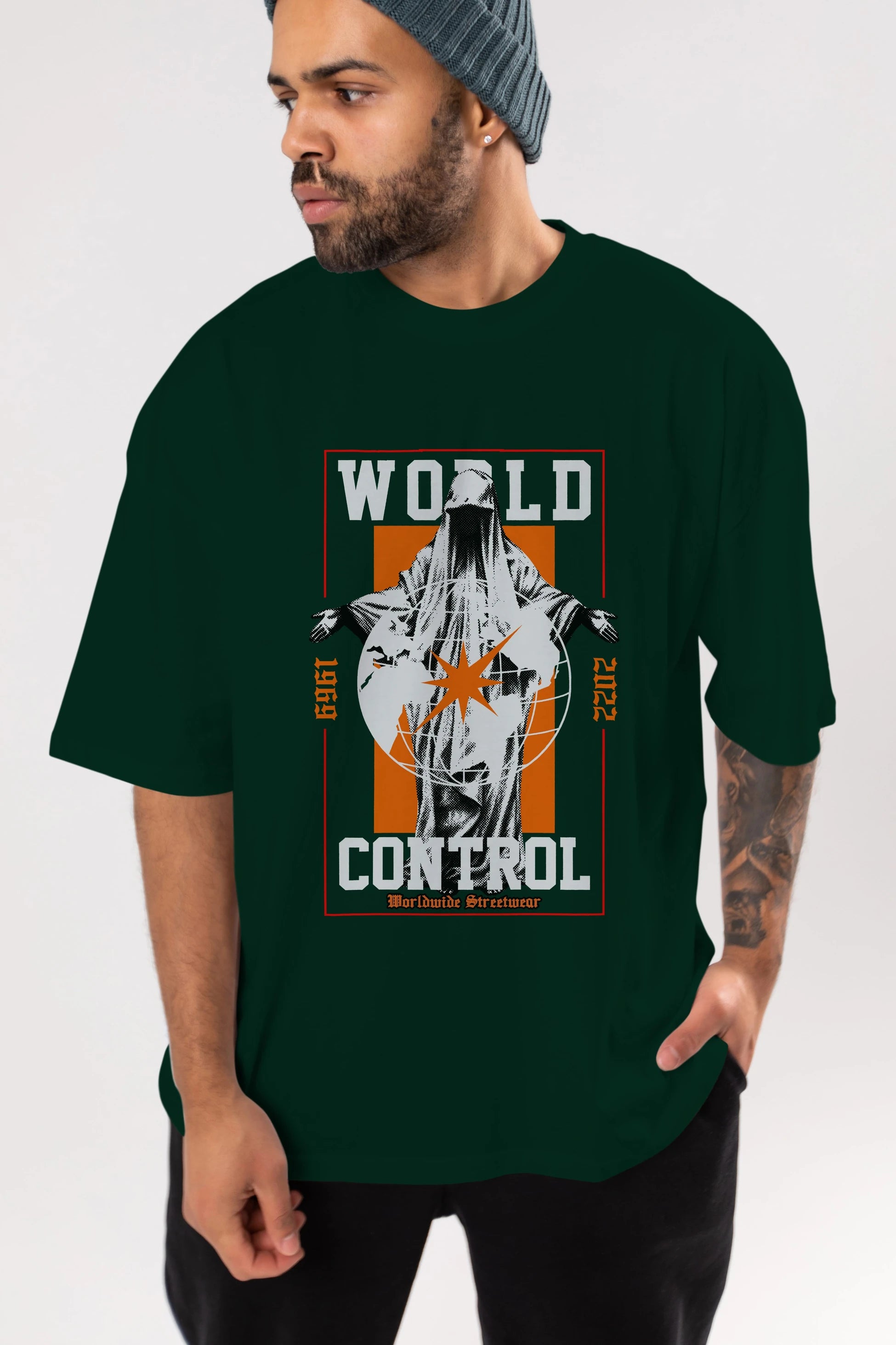 World Control Ön Baskılı Oversize t-shirt Erkek Kadın Unisex