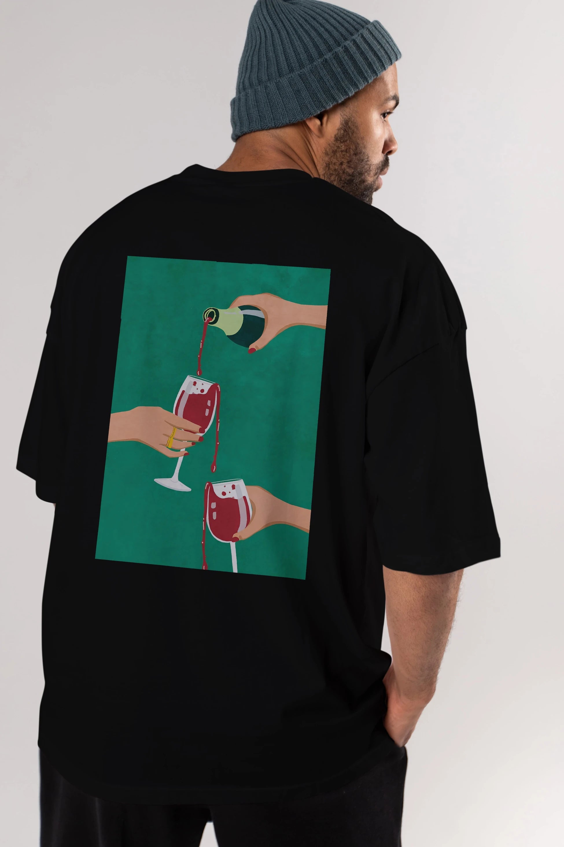 Wine 2 Arka Baskılı Oversize t-shirt Erkek Kadın Unisex %100 Pamuk Bisiklet Yaka tişort