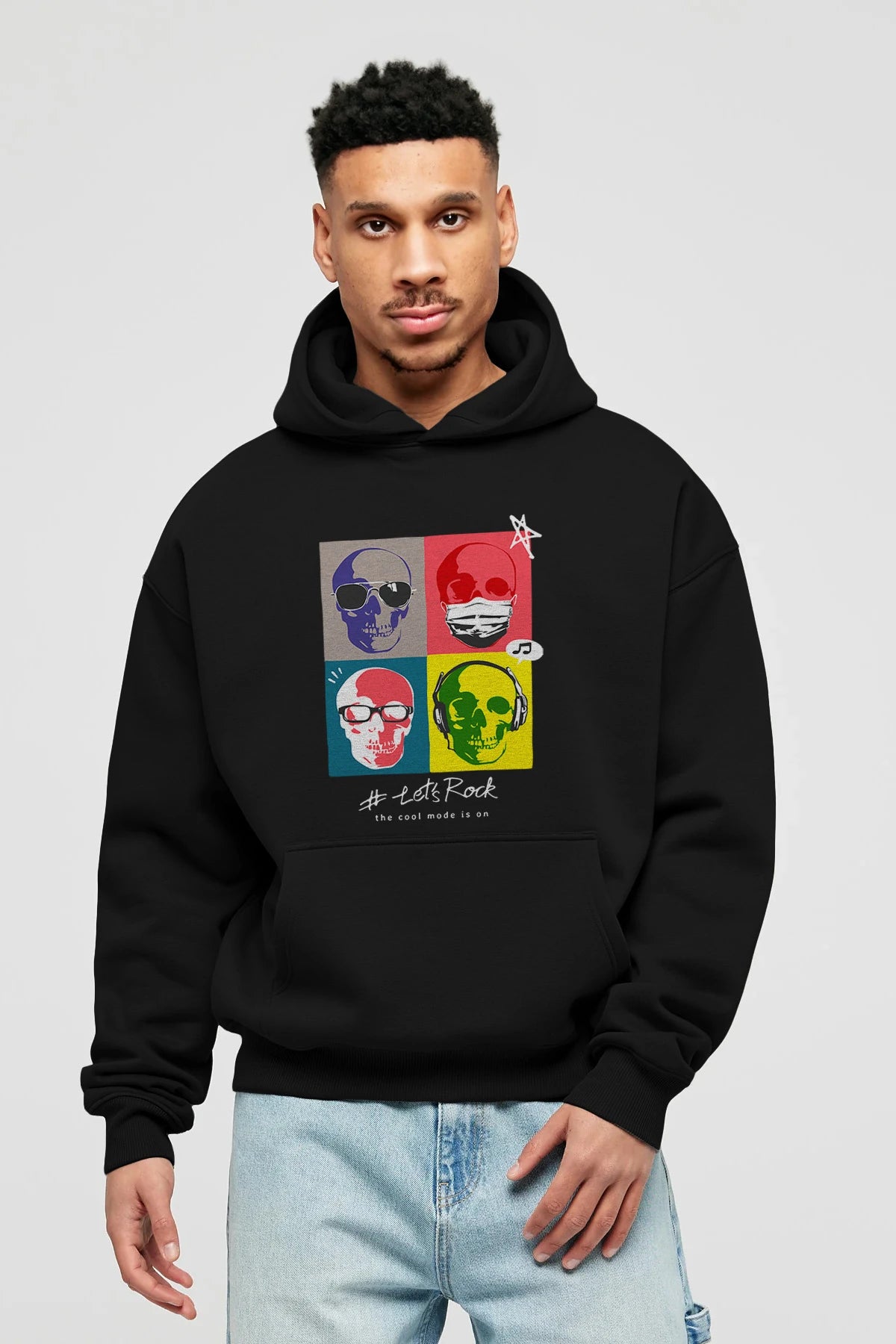Lets Rock Ön Baskılı Hoodie Oversize Kapüşonlu Sweatshirt Erkek Kadın Unisex