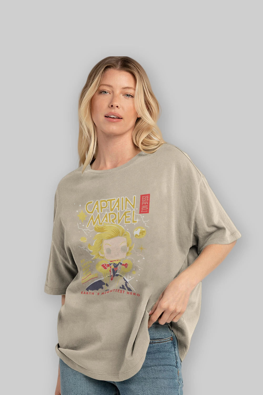 Captain Marvel Ön Baskılı Oversize t-shirt Erkek Kadın Unisex %100 Pamuk Bisiklet Yaka tişort