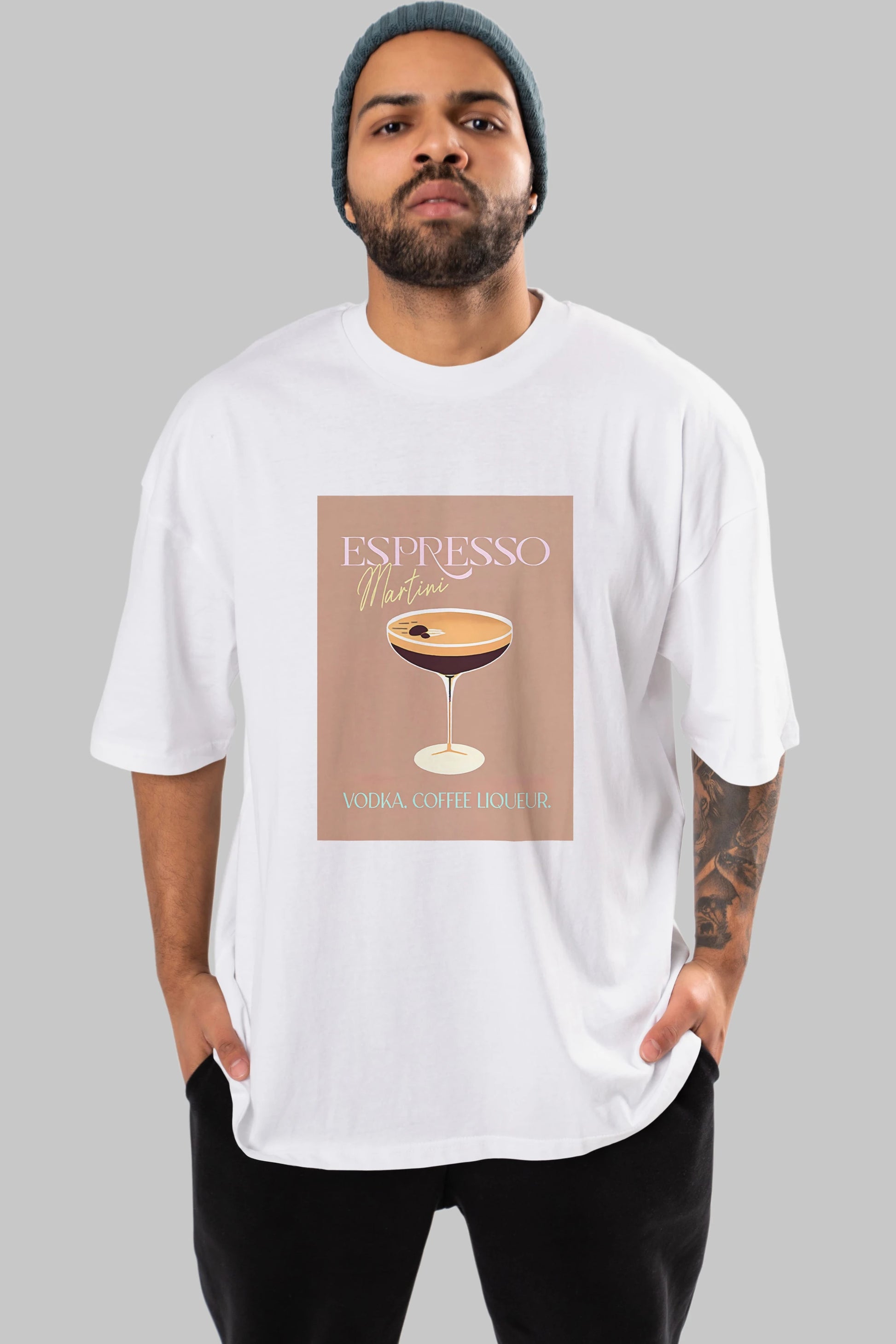 Espresso Martini Cocktail Ön Baskılı Oversize t-shirt Erkek Kadın Unisex %100 Pamuk Bisiklet Yaka tişort