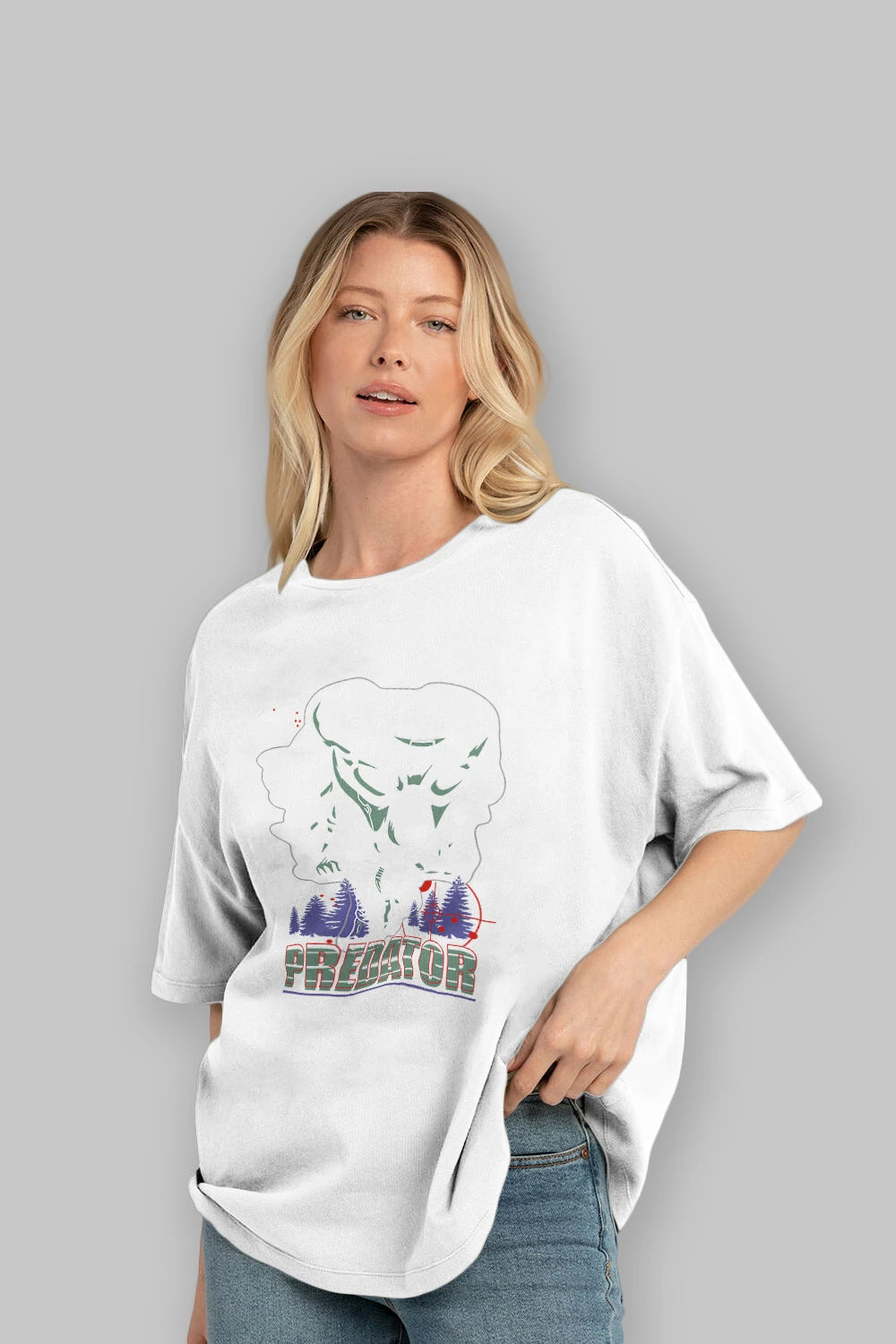 Predator Ön Baskılı Oversize t-shirt Erkek Kadın Unisex %100 Pamuk Bisiklet Yaka tişort