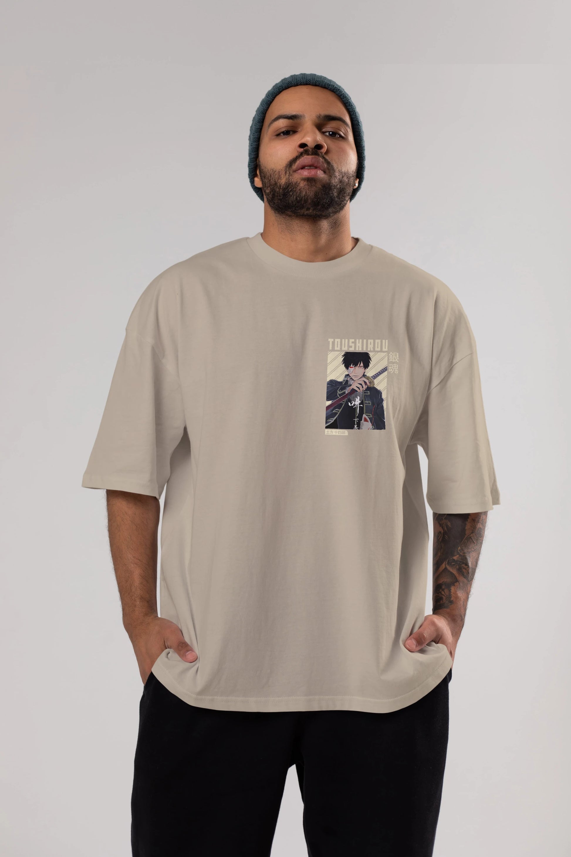Toushirou Hijikata Ön Sol Baskılı Oversize t-shirt Erkek Kadın Unisex %100 Pamuk Bisiklet Yaka tişort