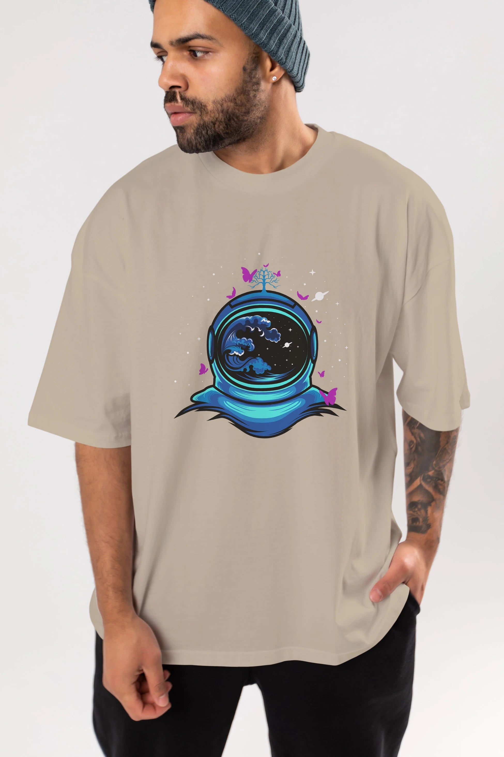 Astronaut and Butterfly Ön Baskılı Oversize t-shirt Erkek Kadın Unisex