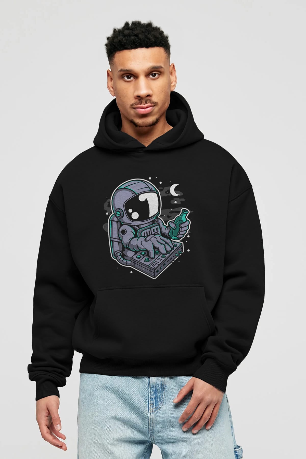 Astronaut Synth Ön Baskılı Hoodie Oversize Kapüşonlu Sweatshirt Erkek Kadın Unisex