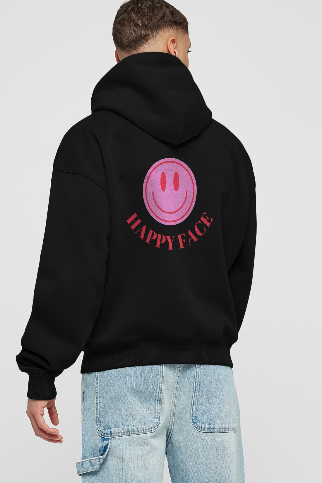 Happy Face Yazılı Arka Baskılı Oversize Hoodie Kapüşonlu Sweatshirt Erkek Kadın Unisex
