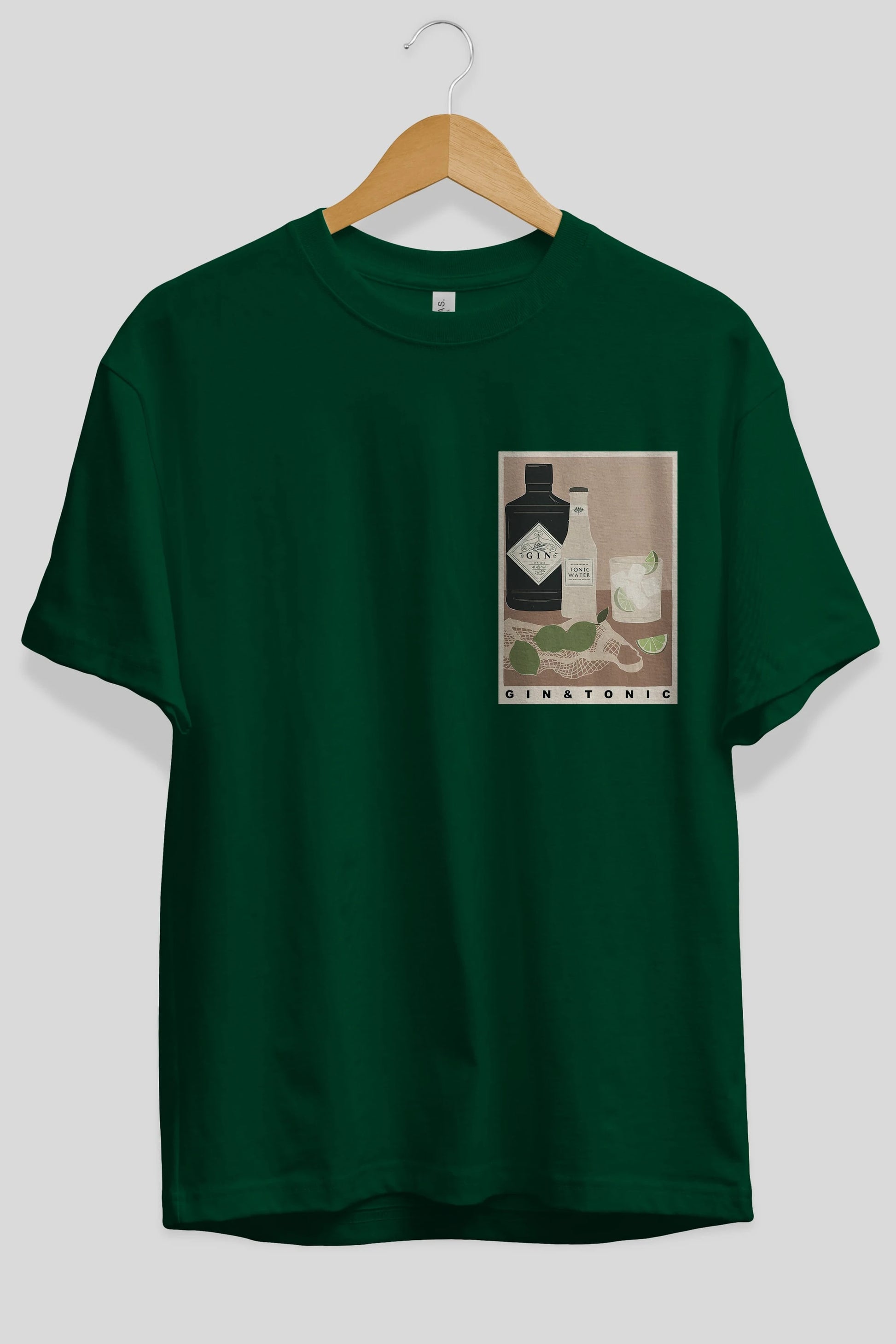 Gin Tonic Ön Sol Baskılı Oversize t-shirt Erkek Kadın Unisex %100 Pamuk Bisiklet Yaka tişort