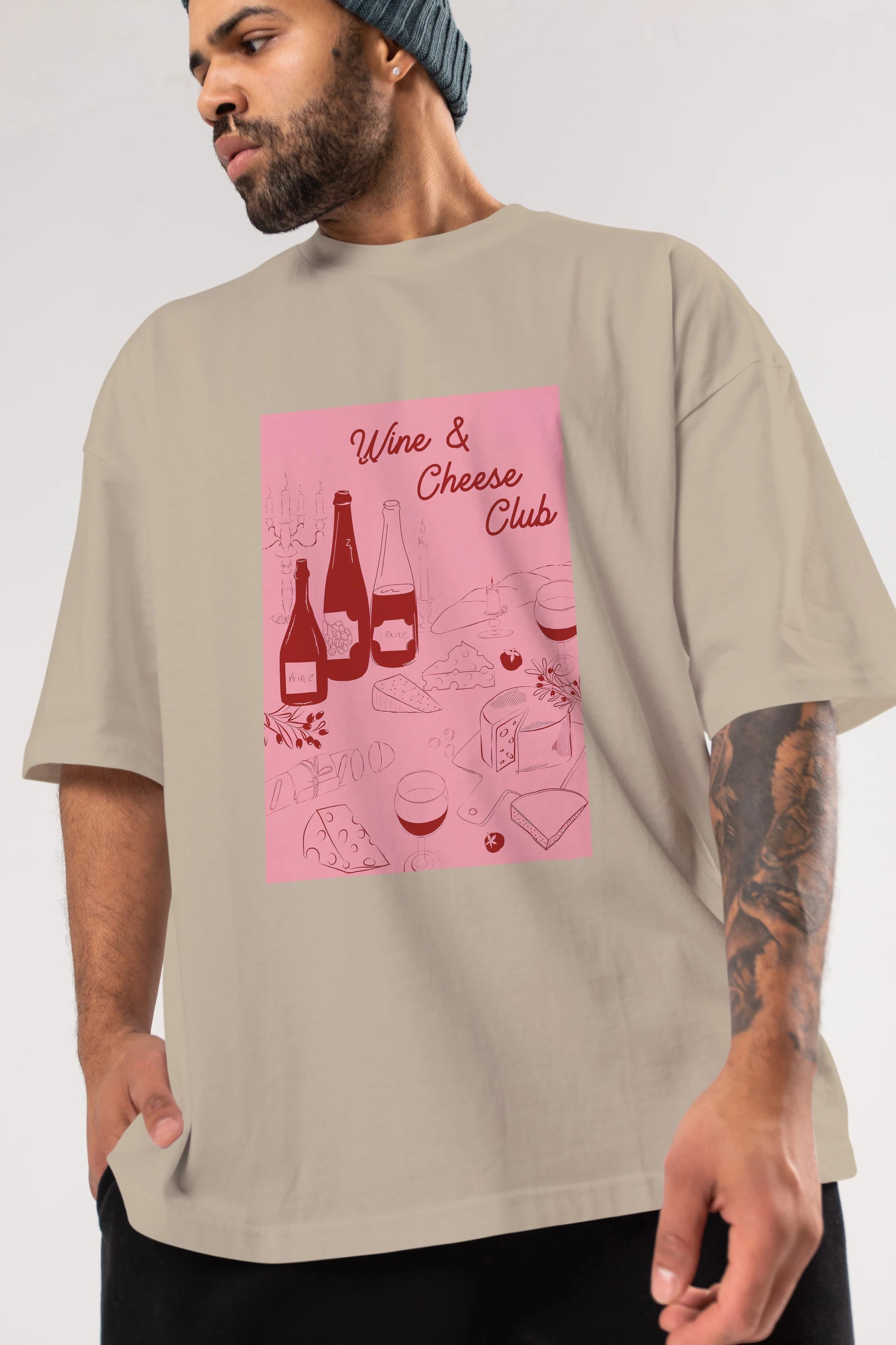 Wine Cheese Club Ön Baskılı Oversize t-shirt Erkek Kadın Unisex %100 Pamuk Bisiklet Yaka tişort