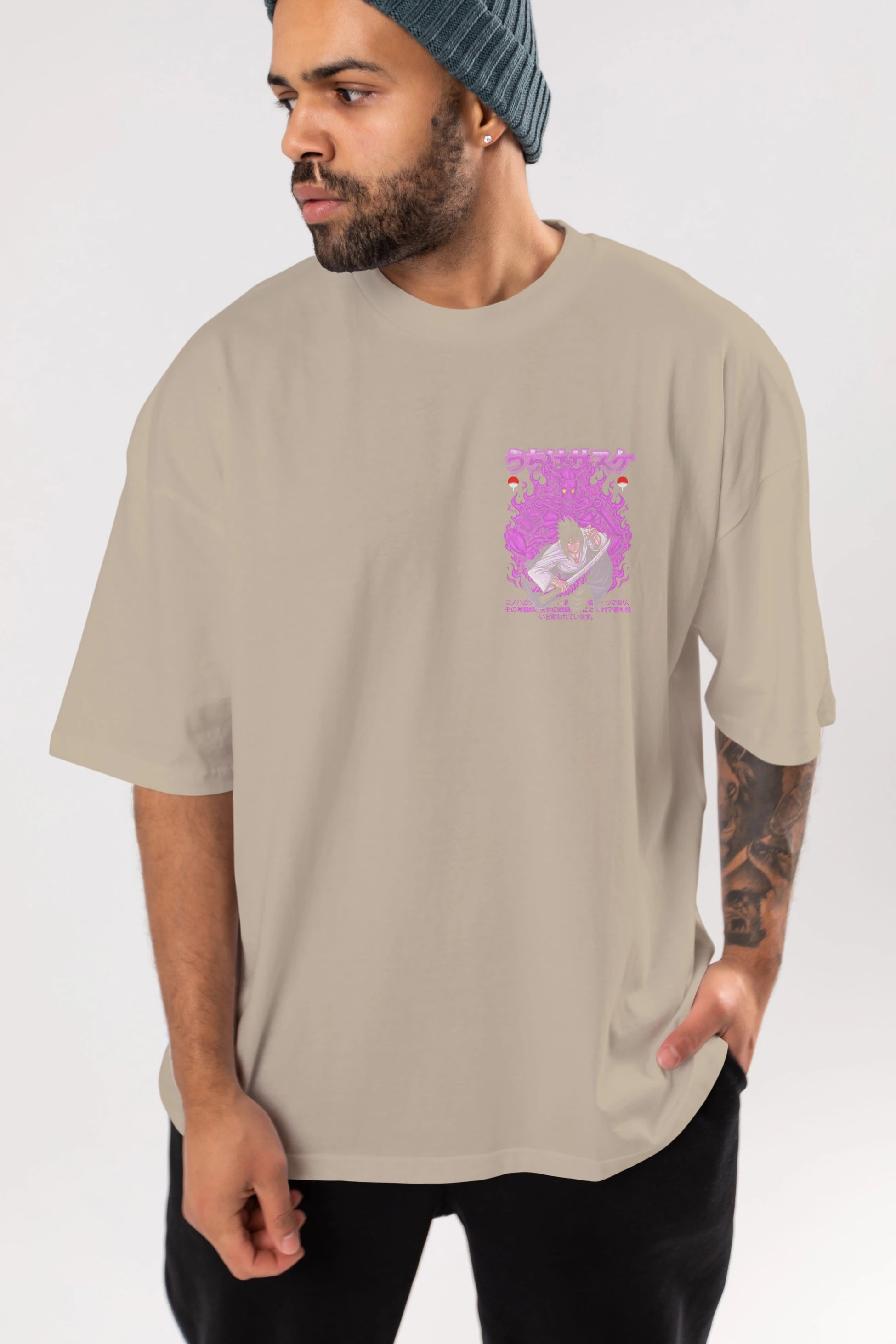 SASUKE UCHIHA NARUTO Ön Sol Baskılı Oversize t-shirt Erkek Kadın Unisex %100 Pamuk Bisiklet Yaka tişort